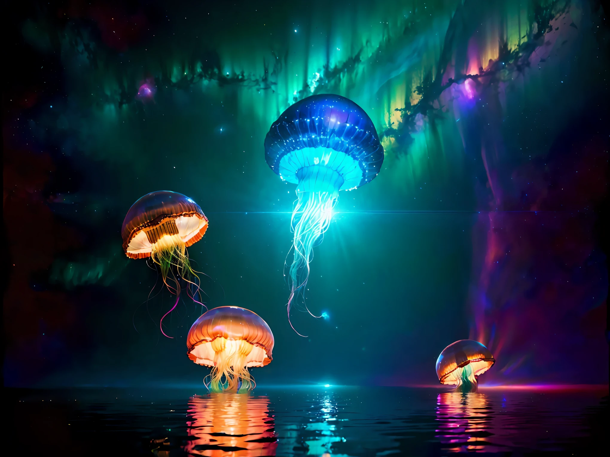 (8k, RAW photo, 最high quality, masterpiece:1.2), High-definition RAW color photo, Professional photo shoot, cinematic light, Beautiful jellyfish, floating in the darkness, space jellyfish, Amazing grace, astral life form, 銀河をまとったspace jellyfish, mysterious and feminine, sexy movements, dazzling light of celestial bodies, High-energy body, surrounding light source，beautiful lighting，attributes of light，reflection and refraction，ray tracing，super fine，high quality, surreal, bright colors, ((f/1.2, Nikon, very detailed, photo shoot)),