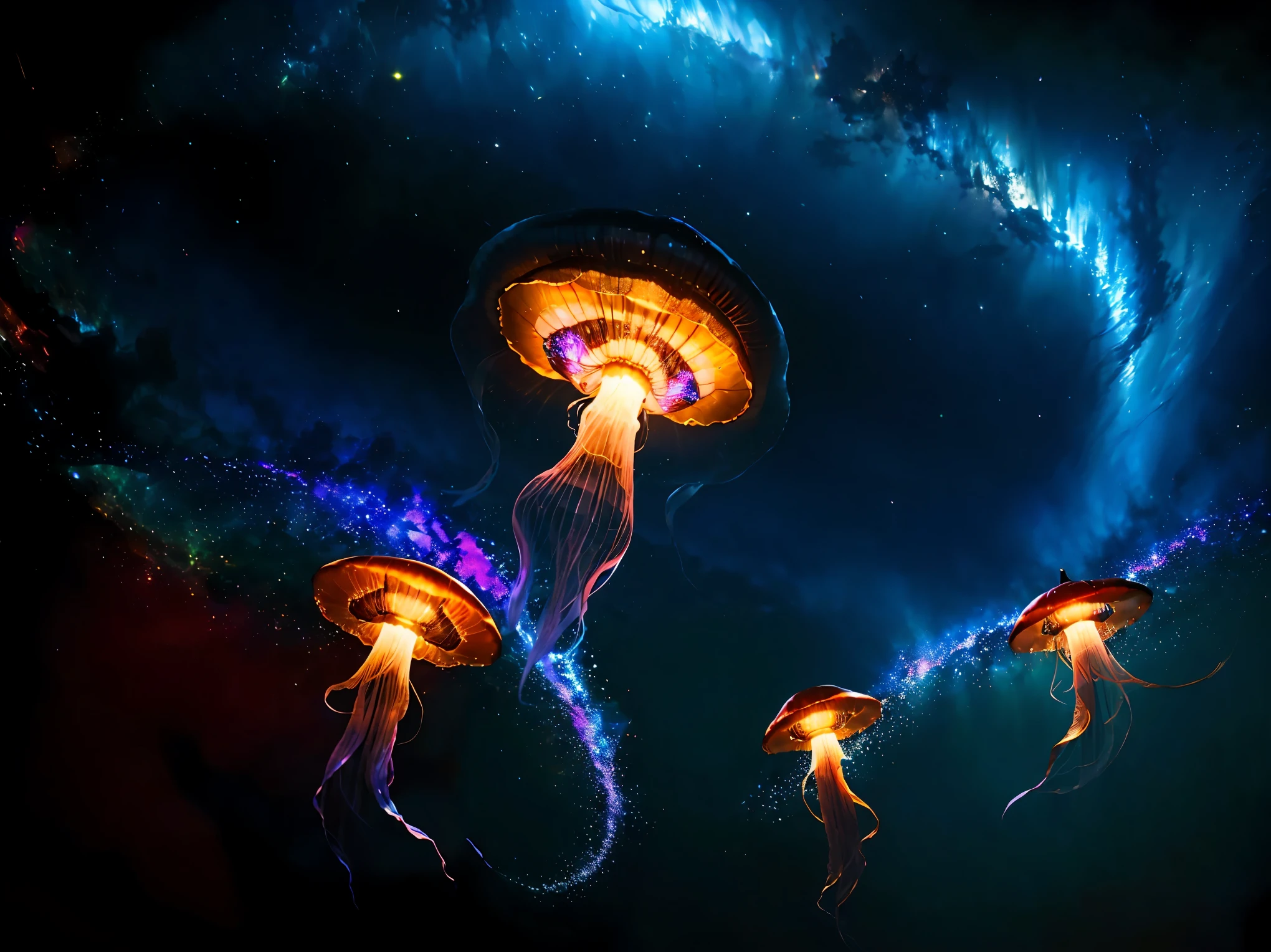 (8k, RAW photo, 最high quality, masterpiece:1.2), High-definition RAW color photo, Professional photo shoot, cinematic light, Beautiful jellyfish, floating in the darkness, space jellyfish, Amazing grace, astral life form, 銀河をまとったspace jellyfish, mysterious and feminine, sexy movements, dazzling light of celestial bodies, High-energy body, surrounding light source,beautiful lighting,attributes of light,reflection and refraction,ray tracing,super fine,high quality, surreal, bright colors, ((f/1.2, Nikon, very detailed, photo shoot)),