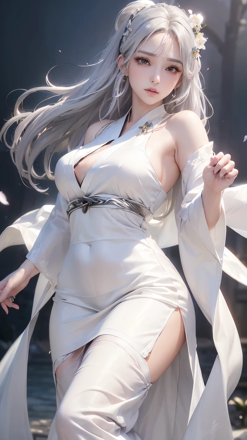 (logo、masterpiece、8k、table top、RAW photo、wonderful、最high quality、Photorealistic and hvery detailed CG integrated 8k wallpaper、high quality、very detailed、narrative poem、particle effects、dynamic effects、Depth of the bounds written、cinematic light、Lens flare、ray tracing)、fantasy、 (1 beautiful woman、white kimono、white long dress、silver haired、beautiful face、real face、beautiful detail eyes、beautiful skin、woman dancing gracefully:1.7、woman dancing gracefully:1.7)、Hair flutters in Wind、hair bounces、髪がWindで踊る、hair jump、night、Wind、darkness、grassland、vast land、Spectacular view、美しい自然のWind景、night空、Wind、Cherry tree、Cherry blossom petals are dancing、SakuraFubuki、Falling petals