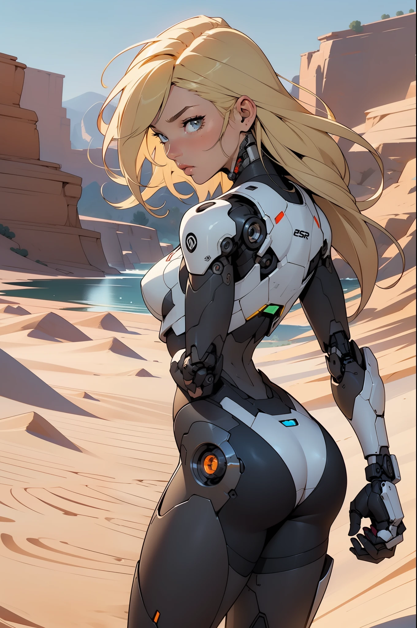 high quality, 4k, masterpiece, beautiful, cyborg girl, cowboy shot, dull eyes, back side, turning around to look at viewer, long blonde hair, girl, small breasts, fit thigh, robotic arms, robotic body, cyborg body, yellow accent, red accent, intricate detail, joint, detailed lines, robotic detail, holding fist up, holding hand up as fist, color robotic parts, robotic parts with color, perfect fingers, on a desert planet, sunny background, colorful desert, a river or a lake in the background