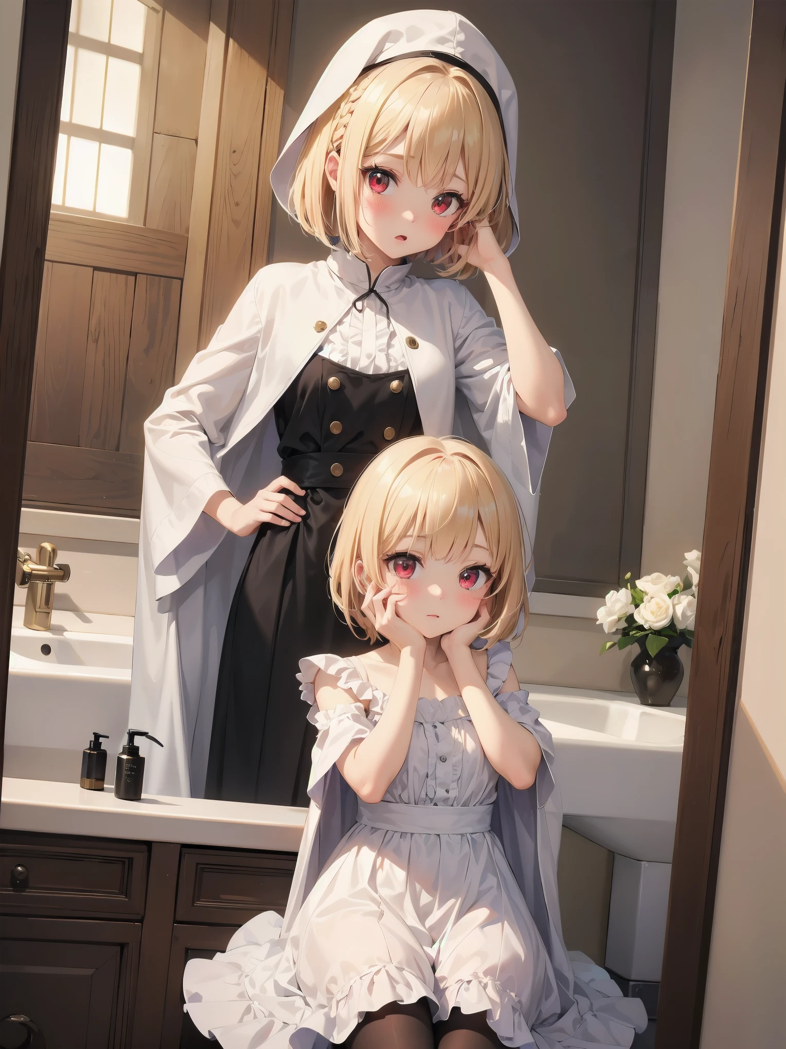 ((put your hand on your face)), ((surprised)), (Looking at the front)), (blush), 1 girl, 、young、Chibi、blonde, red eyes, braided hair, bob cut, Fantasy style neat costume, saint、 frills, robe, long skirt, black tights, white cloak, sink, Bathroom, mirror, concept art, beautiful anime scene, beautiful anime scenery, highest quality, ((masterpiece))