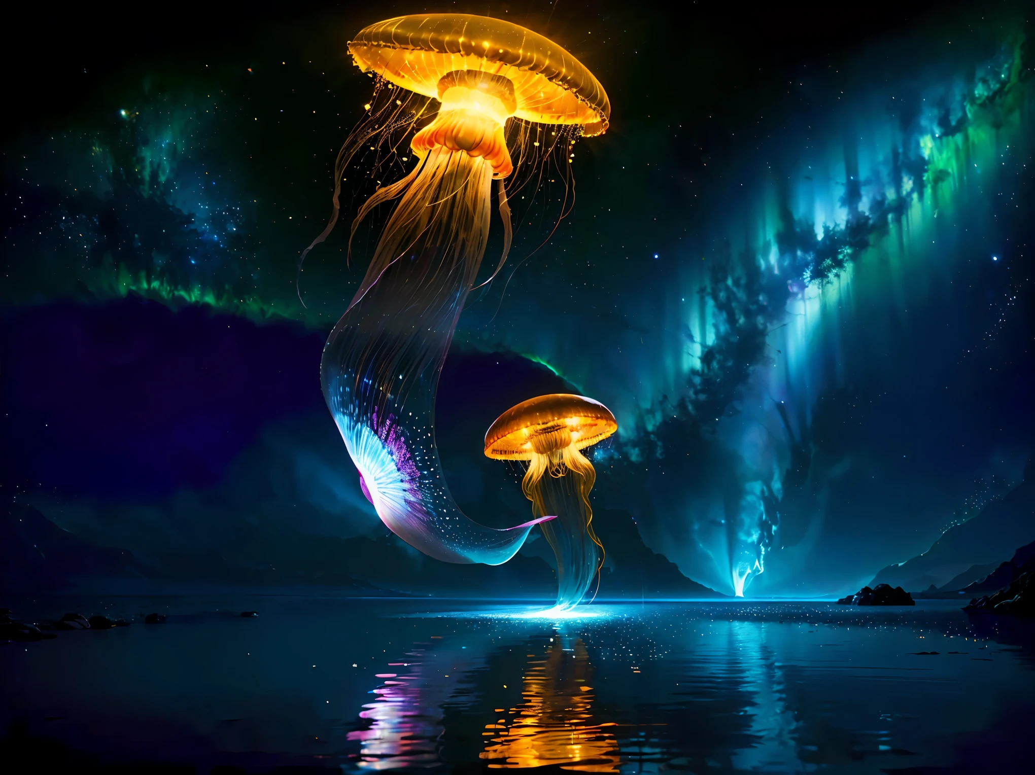(8k, RAW photo, 最high quality, masterpiece:1.2), High-definition RAW color photo, Professional photo shoot, cinematic light, Beautiful jellyfish, floating in the darkness, space jellyfish, Amazing grace, astral life form, 銀河をまとったspace jellyfish, mysterious and feminine, sexy movements, dazzling light of celestial bodies, High-energy body, surrounding light source，beautiful lighting，attributes of light，reflection and refraction，ray tracing，super fine，high quality, surreal, bright colors, ((f/1.2, Nikon, very detailed, photo shoot)),