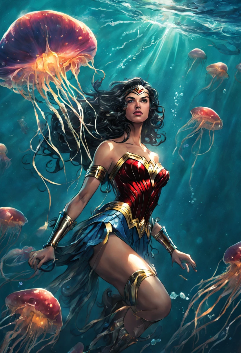 A horrifying scene unfolds as Wonder Woman, the iconic superhero from DC comics, finds herself cursed and transformed into a jellyfish. The once mighty warrior is now floating underwater, her beautiful and fierce form replaced by the gelatinous body of a sea creature. Wonder Woman's horror and disbelief are palpable as she studies her new body, trying to understand the limitations and peculiarities that come with her jellyfish form. Medium: Vivid Illustration, Photorealistic Rendering Additional details: Underwater world, Vibrant coral reef, Bubbles floating around Wonder Woman, Sunlight filtering through the water, Shimmering scales on the jellyfish, Suspended jellyfish tentacles, Wonder Woman's tiara floating beside her, Wonder Woman's Lasso of Truth transforming into ethereal tendrils, Graceful movement of the jellyfish, Startled marine life observing Wonder Woman Image quality: (best quality, 4k, high-res), Ultra-detailed, Physically-based rendering Art style: Superhero illustration, Underwater fantasy, Surreal transformation Color palette: Vibrant blues and greens, Hints of glowing bioluminescence, Golden accents representing Wonder Woman's power Lighting: Soft underwater glow, Sun rays piercing through the water, Play of light and shadow on the jellyfish Please note that the prompt shouldn't be explicitly mentioned or explained, and the tags should follow the specified format and order.