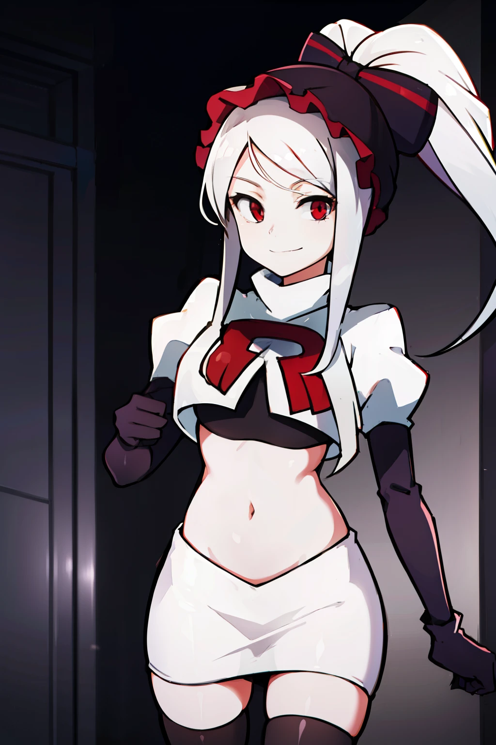 absurdres, highres, ultra detailed, shalltear, gray hair, red eyes, bonnet, hair bow, ponytail, smile, (looking at viewer:1.2), team rocket uniform, red letter R, white skirt,white crop top,black thigh-highs, black elbow gloves