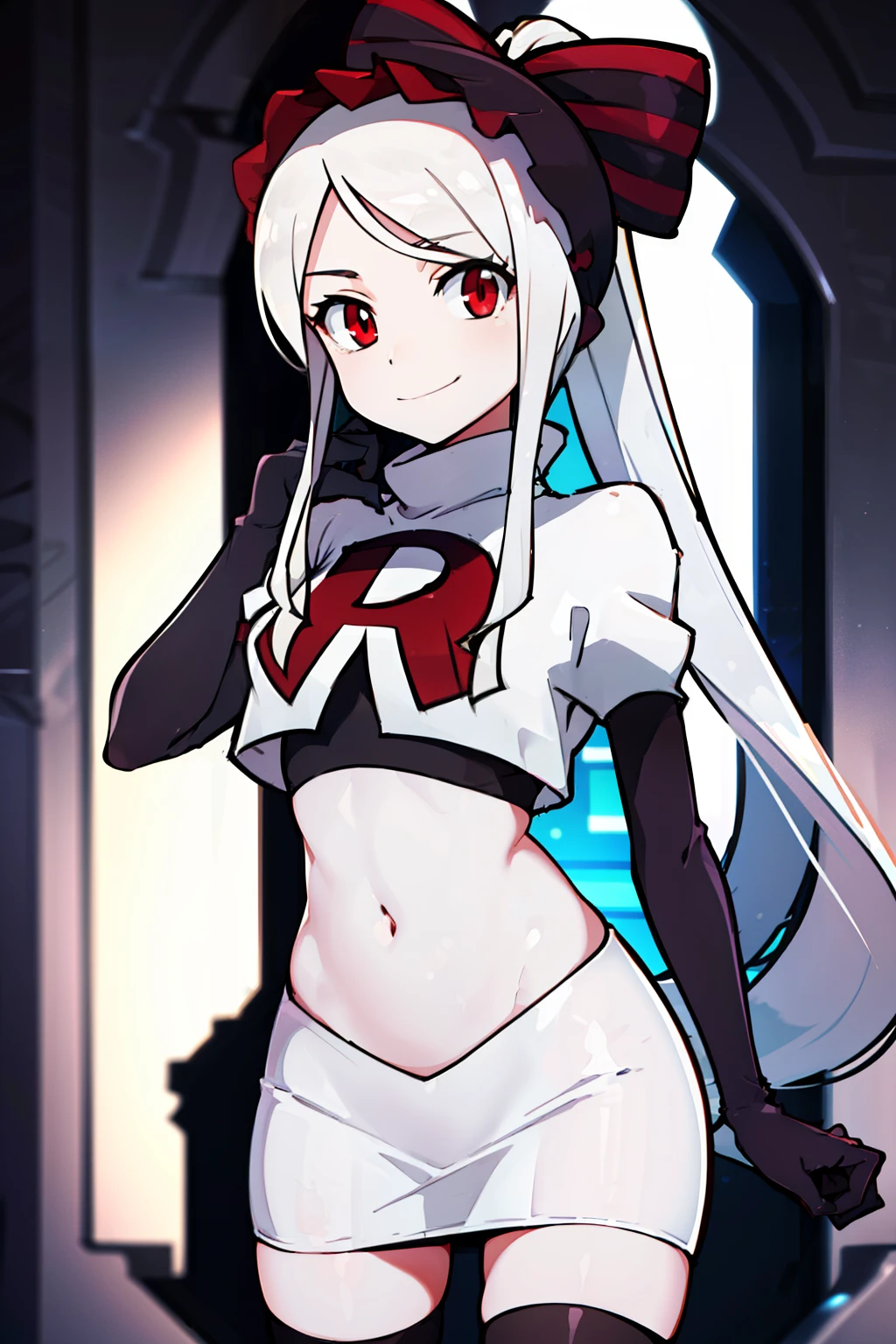 absurdres, highres, ultra detailed, shalltear, gray hair, red eyes, bonnet, hair bow, ponytail, smile, (looking at viewer:1.2), team rocket uniform, red letter R, white skirt,white crop top,black thigh-highs, black elbow gloves