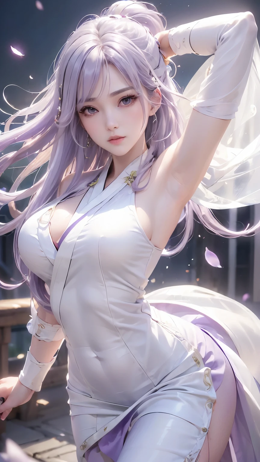 (logo、masterpiece、8k、table top、RAW photo、wonderful、最high quality、Photorealistic and hvery detailed CG integrated 8k wallpaper、high quality、very detailed、narrative poem、particle effects、dynamic effects、Depth of the bounds written、cinematic light、Lens flare、ray tracing)、fantasy、 (1 beautiful woman、white kimono、white long dress、light purple hair、beautiful face、real face、beautiful detail eyes、beautiful skin、woman dancing gracefully:1.7、woman dancing gracefully:1.7)、Hair flutters in Wind、hair bounces、髪がWindで踊る、hair jump、night、Wind、darkness、grassland、vast land、Spectacular view、美しい自然のWind景、night空、Wind、Cherry tree、Cherry blossom petals are dancing、SakuraFubuki、Falling petals