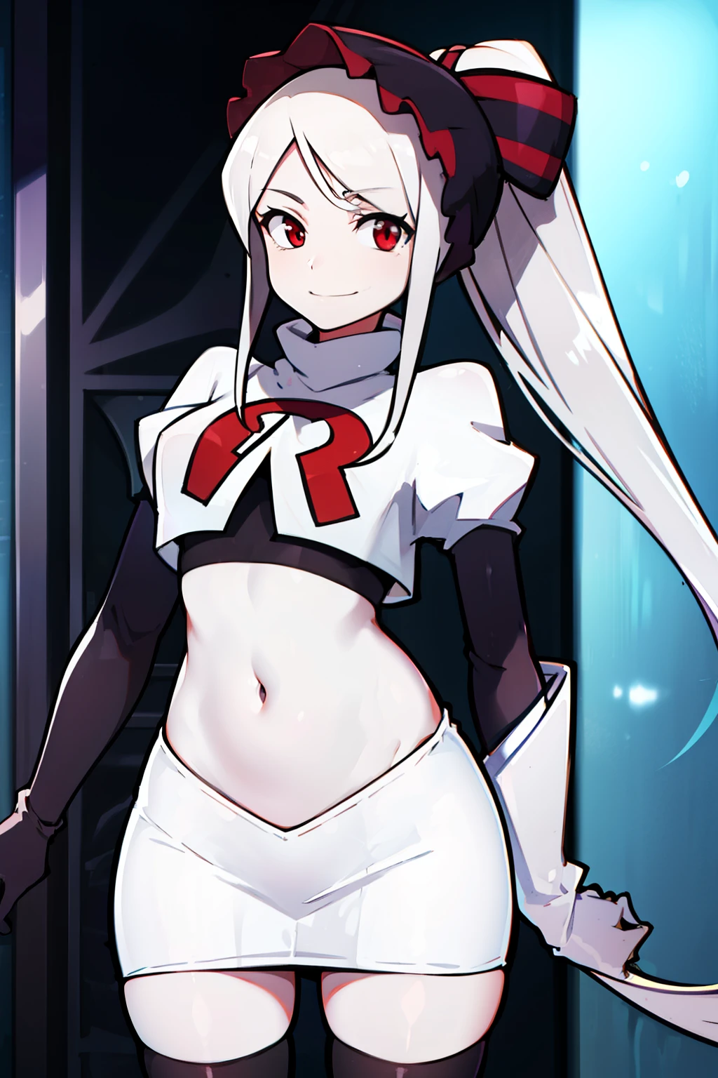 absurdres, highres, ultra detailed, shalltear, gray hair, red eyes, bonnet, hair bow, ponytail, smile, (looking at viewer:1.2), team rocket uniform, red letter R, white skirt,white crop top,black thigh-highs, black elbow gloves