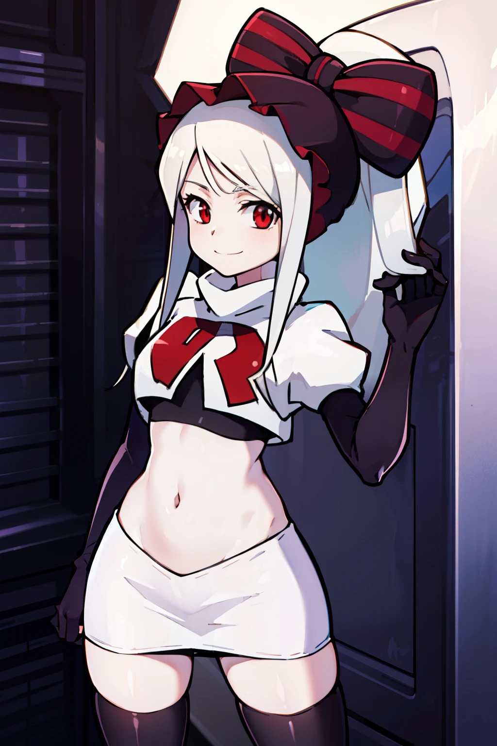 absurdres, highres, ultra detailed, shalltear, gray hair, red eyes, bonnet, hair bow, ponytail, smile, (looking at viewer:1.2), team rocket uniform, red letter R, white skirt,white crop top,black thigh-highs, black elbow gloves