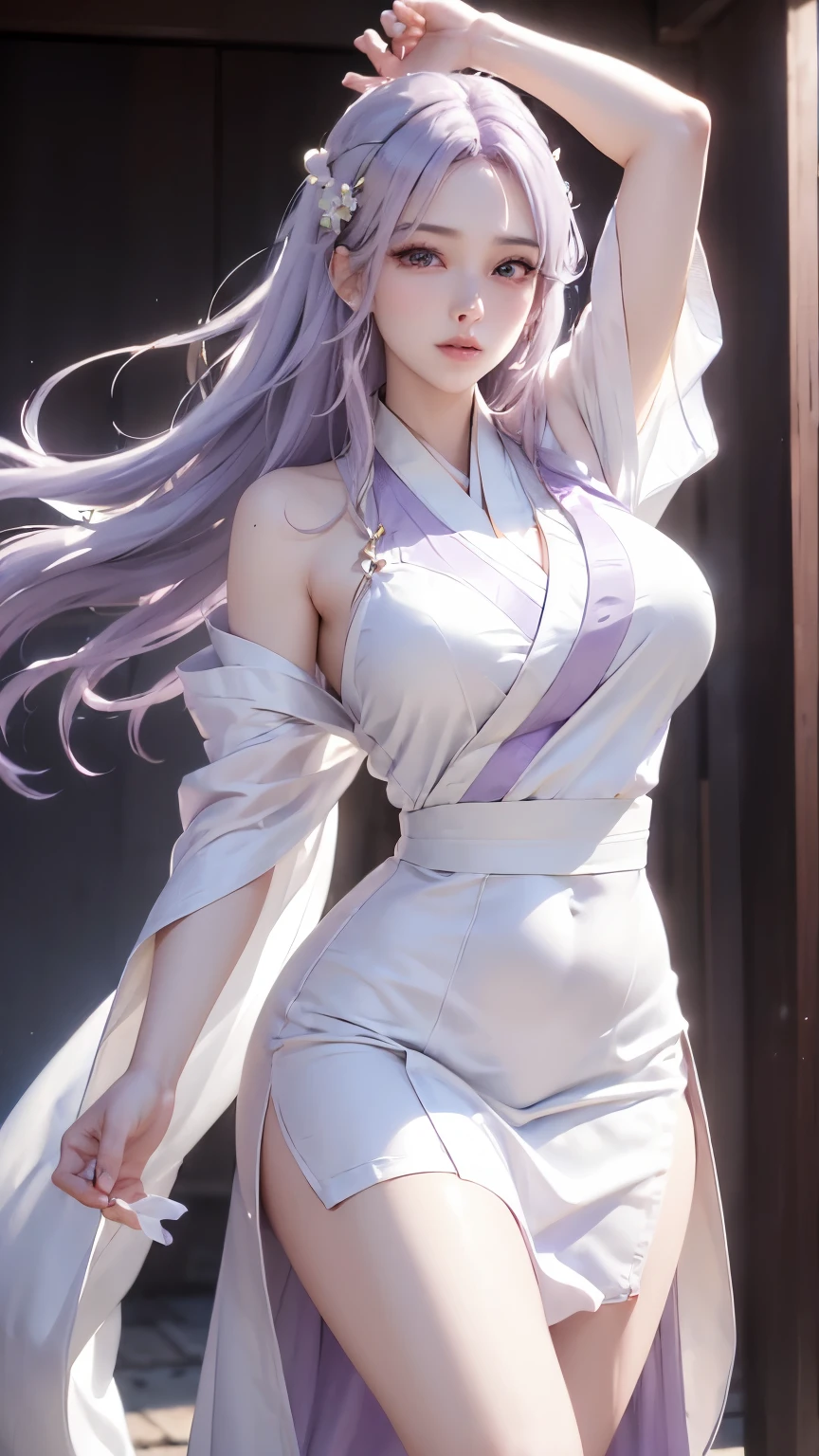 (logo、masterpiece、8k、table top、RAW photo、wonderful、最high quality、Photorealistic and hvery detailed CG integrated 8k wallpaper、high quality、very detailed、narrative poem、particle effects、dynamic effects、Depth of the bounds written、cinematic light、Lens flare、ray tracing)、fantasy、 (1 beautiful woman、white kimono、white long dress、light purple hair、beautiful face、real face、beautiful detail eyes、beautiful skin、woman dancing gracefully:1.7、woman dancing gracefully:1.7)、Hair flutters in Wind、hair bounces、髪がWindで踊る、hair jump、night、Wind、darkness、grassland、vast land、Spectacular view、美しい自然のWind景、night空、Wind、Cherry tree、Cherry blossom petals are dancing、SakuraFubuki、Falling petals