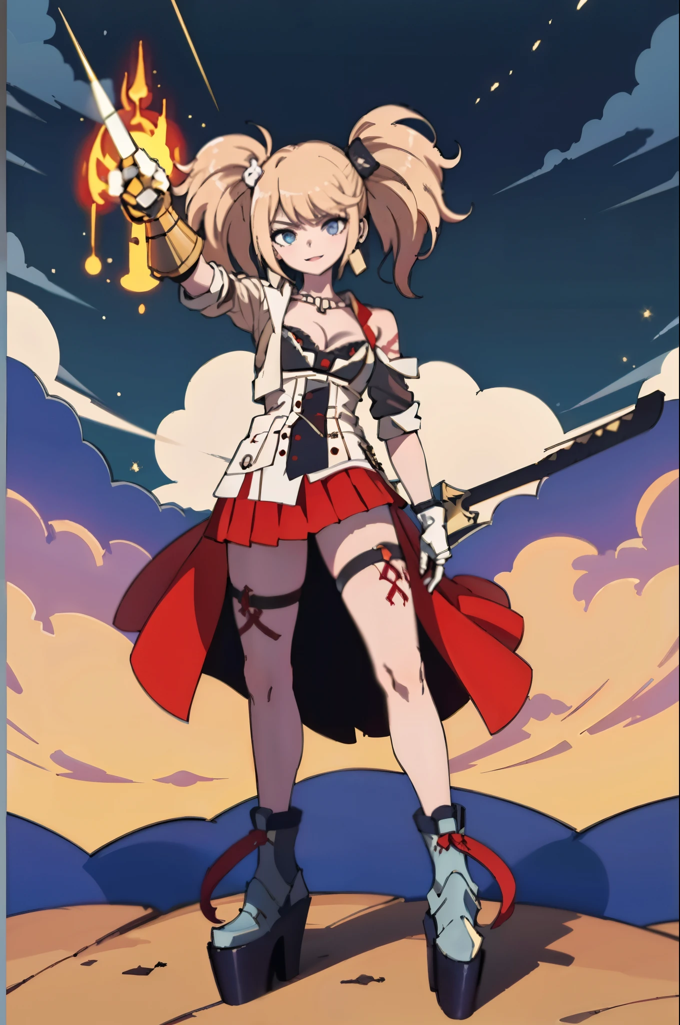 realistic, (masterpiece, top quality, best quality, official art, beautiful and aesthetic:1.2), extremely detailed,(1girl:1.3),cowboy shot,(looking at viewer),(holding single weapon:1.3),holding EA, Holding Sword of Rapture, pointing weapon at sky, from middle,black background,(night:1.2), filmg, insane happy expression, JunkoenoshimaTopless, solo, and long, thick, bleached strawberry-blonde hair tied in two twin pigtails, (heterochromia light blue and red eyes:1.2), 1girl, jewelry, standing, earrings, necklace, armor, tattoo, topless, Gold armor, shirtless, gold clingon bra, single gold gauntlet,shoulder armor,elbow gloves, one shoulder armor, gold cardigan over a red dress shirt, with both left open to the third button to expose the top of her gold-and-red bra, a red pleated miniskirt that is cut extremely short, and mid-sized gold and black boots with platform heels and red laces, standing, full body portrait