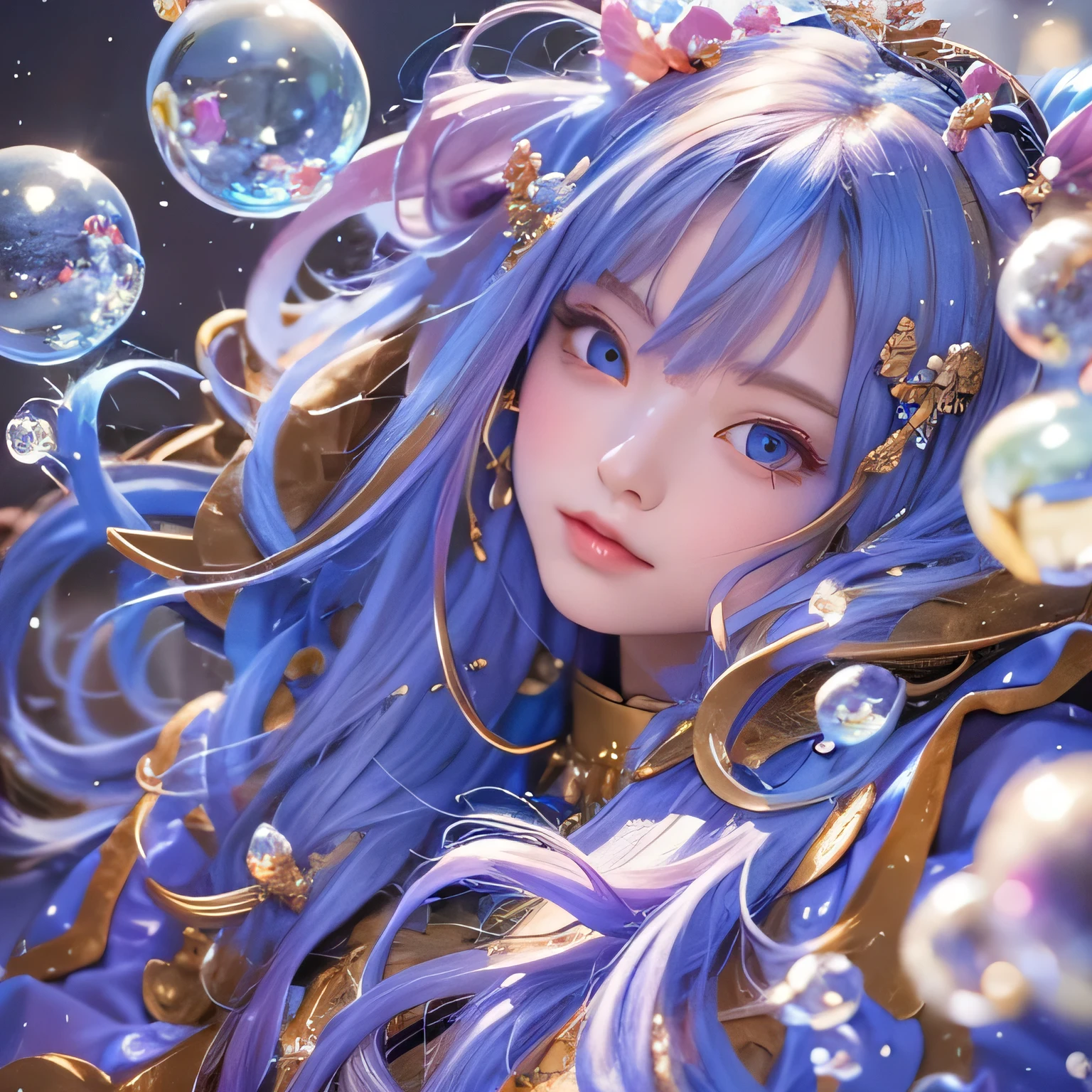 黄 blue colors,enamel,agate,A flesh-colored world,Blood Blue Maiden 32k(masterpiece,HD,Aoyama Pond,Ultra high quality,32k)long flowing bright blue hair,blood pool,Ziddink, a color,Grumpy (After greeting), (Linen scarf), fighting stance, looking at the ground, long white hair, Floating bright blue, Fire cloud gold headdress, Chinese long-sleeved gold silk burgundy garment, (Abstract metaverse splash:1.2), White background,Peony flower vitality protector(realistically:1.4),bright purple hair,Smoke on the road,The background is very pure, high resolution, detail, RAW photos, Sharp Re, Nikon D850 film photo by Jefferies Lee 4 Kodak Portra 400 camera F1.6 guns, colorful, Ultra-realistic and vivid textures, dramatic lighting, Unreal Engine Art Station Trend, Sinest 800,一个有着long flowing bright blue hair的女孩,huge colorful bubbles