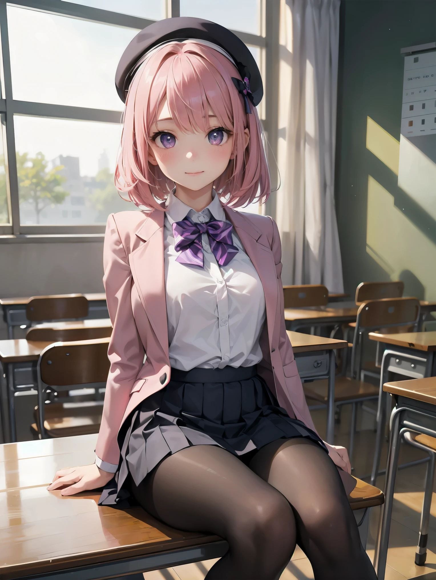 細部に至るまinの傑作、highest quality、realistic、1 girl、solo、18-year-old、Looks about 5 years old、140cm beautiful girl、、5 year old baby face、Silky hair、Gradient bob in the forward、pink and purple mesh、big vertical eyes、Outstanding looks、cute 、proximity、closed_mouth、laughter、blush、恥ずかしさinいっぱい、beret、pink bow tie、Branded uniforms、 青いblazer、blazer、pleated skirt、gray skirt、silk blouse、white blouse、feet、black tights、sit on top、classroom、hair_ornament、looking for_in_viewer、beiniful detailed eyes、realistic目、tights on、Not clear、professional effects、Not clear、enhanced elegance、Really ridiculous cuteness、cute