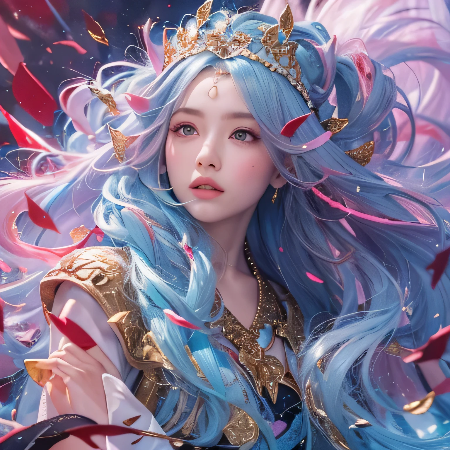 黄 blue colors，enamel，agate，A flesh-colored world，Blood Blue Maiden 32k（masterpiece，HD，Aoyama Pond，Ultra high quality，32k）long flowing bright blue hair，blood pool，Ziddink， a color，Grumpy （After greeting）， （Linen scarf）， fighting stance， looking at the ground， long white hair， Floating bright blue， Fire cloud gold headdress， Chinese long-sleeved gold silk burgundy garment， （Abstract metaverse splash：1.2）， White background，Peony flower vitality protector（realistically：1.4），bright purple hair，Smoke on the road，The background is very pure， high resolution， detail， RAW photos， Sharp Re， Nikon D850 film photo by Jefferies Lee 4 Kodak Portra 400 camera F1.6 guns, colorful, Ultra-realistic and vivid textures, dramatic lighting, Unreal Engine Art Station Trend, Sinest 800，一个有着long flowing bright blue hair的女孩，huge colorful bubbles