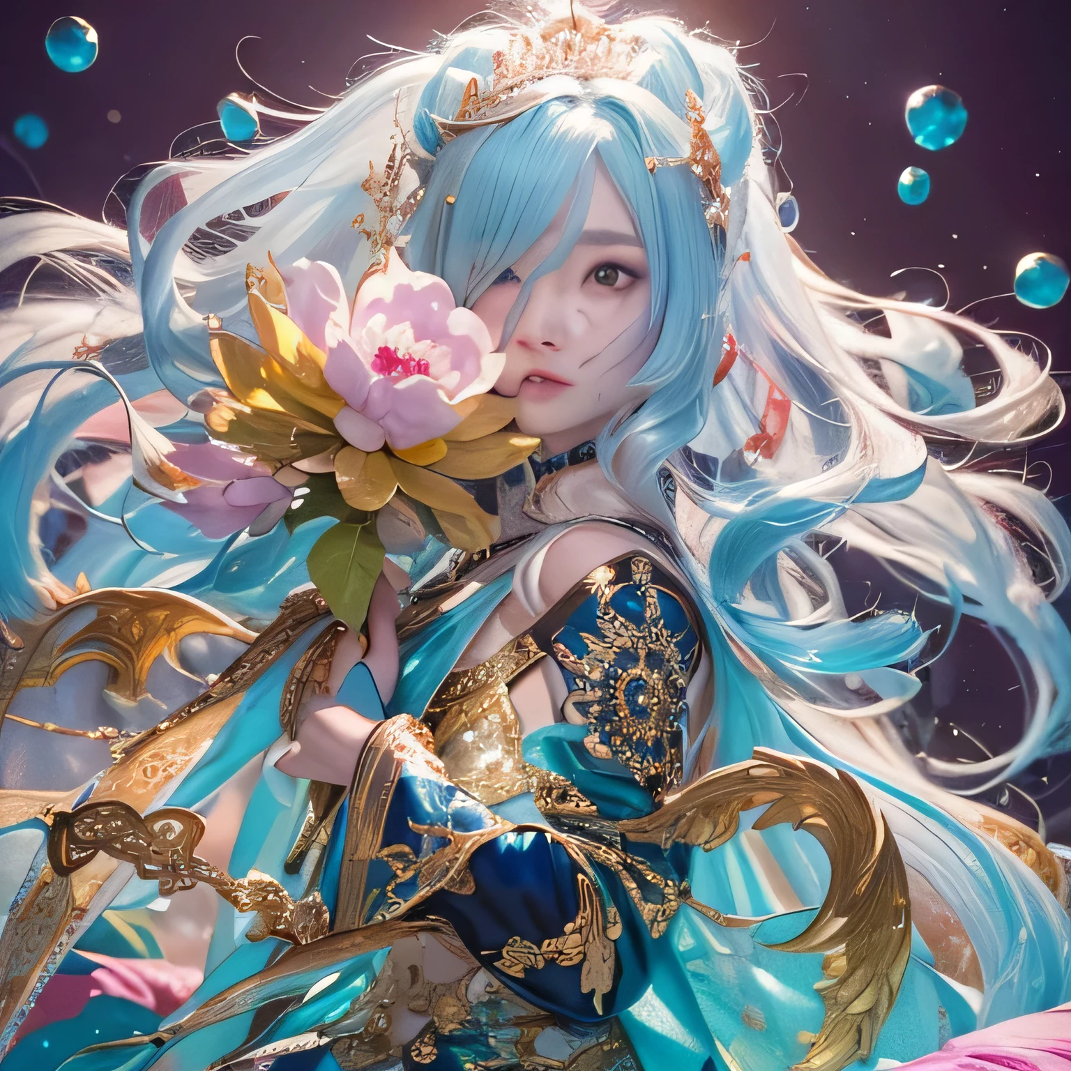 黄 blue colors，enamel，agate，A flesh-colored world，Blood Blue Maiden 32k（masterpiece，HD，Aoyama Pond，Ultra high quality，32k）long flowing bright blue hair，blood pool，Ziddink， a color，Grumpy （After greeting）， （Linen scarf）， fighting stance， looking at the ground， long white hair， Floating bright blue， Fire cloud gold headdress， Chinese long-sleeved gold silk burgundy garment， （Abstract metaverse splash：1.2）， White background，Peony flower vitality protector（realistically：1.4），bright purple hair，Smoke on the road，The background is very pure， high resolution， detail， RAW photos， Sharp Re， Nikon D850 film photo by Jefferies Lee 4 Kodak Portra 400 camera F1.6 guns, colorful, Ultra-realistic and vivid textures, dramatic lighting, Unreal Engine Art Station Trend, Sinest 800，一个有着long flowing bright blue hair的女孩，huge colorful bubbles