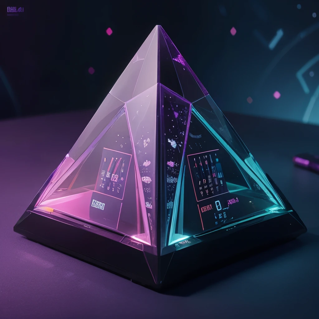 futuristic looking calendar thats transparent with purple turquoise hues psychedelic style with a hint of neon tendencies very detailed ultra realistic 77k high definition truly exquisite in a pyramid shape