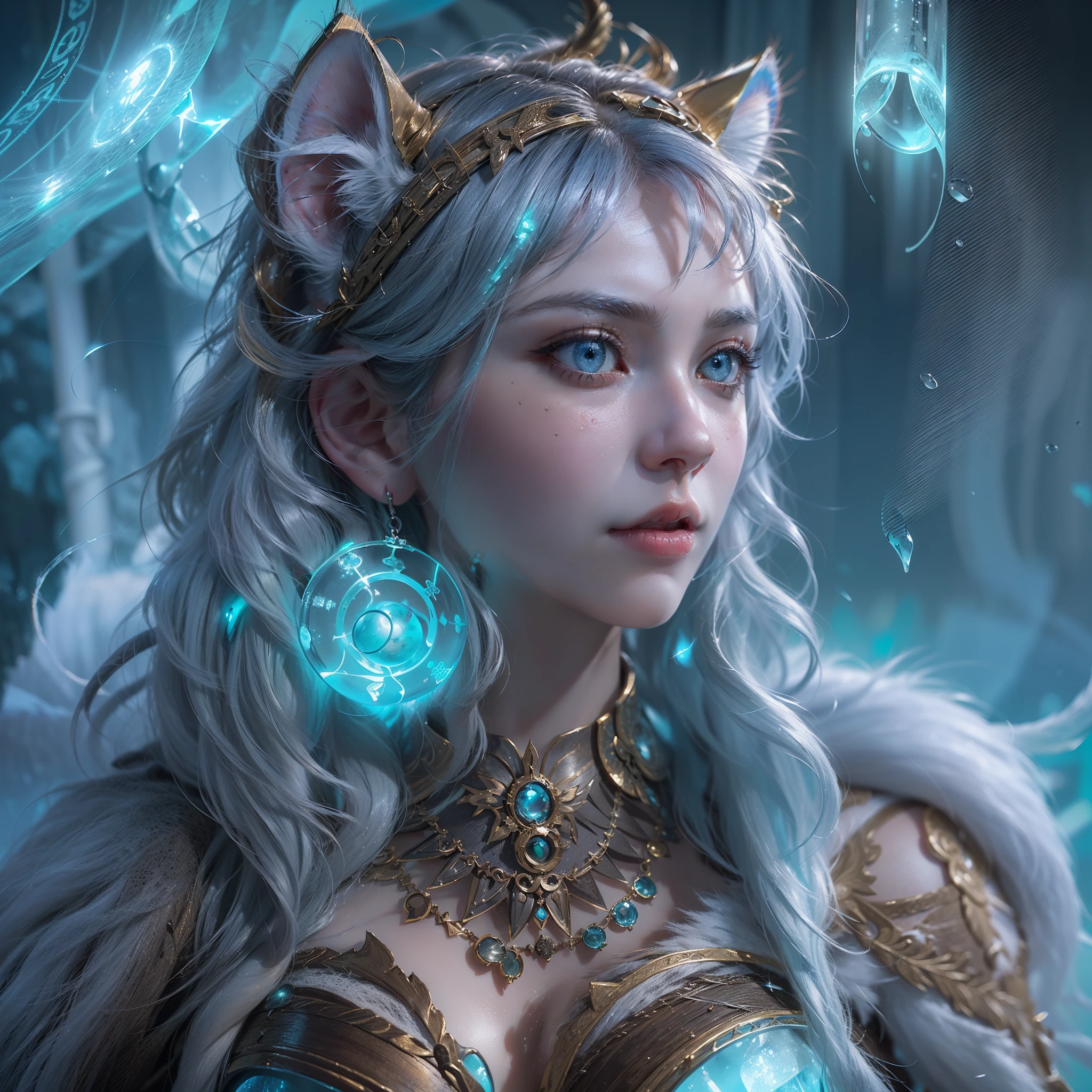(award-winning masterpieces galore, incredibly detailed, textured and maximally detailed), (hyper realistic:1.4), (cat ears on head:1.6), (cat tail:1.6), (realistic:1.3), (close-up of upper body:0.4), (topquality realistic textured skin), (dense circular symmetrical eyes), finely drawn face, ((medieval world)), (full body portrait:1.5), ((Lord Ice Devil)), ((Lord Frozen Arctic Devil)), (full body view:1.5), (her eyes had a bright icy(she had a mischievous smile on her face), (eyes glowing blue in the dark:1.5), (ice blue eyes with a strong blue glow from within (full body standing image:1.5), (bioluminescence, (ice and strong wind swirling in the background), (dramatic light), (magnificent view), (her expression isgentle and beautiful, but a little scary), glass earrings in her ears, (dramatic photo:1.4), ((dramatic pose)), (gorgeous photo), (golden hair), (blue hair), (silver hair), (chestnut hair), ((looks up)), ((looks down)), (elaborate and simplenecklace dangling around her neck), (brilliant bioluminescence: 1.3), (flashy ice magic: 1.2), (swirling ice and snow), Satanic great temple, Satanic great temple, great temple, cathedral, temple ruins, temple away from temple, (glowing magic circle: 1.5), ancientCastle Ruins, Glowing Majestic Cloud Masses and Sky, Lightning, epic realistic, (Glowing Magic Circle: 1.5), Ancient Castle Ruins, Glowing Majestic Cloud Masses and Sky, Lightning, epic realisticFaded, Art, (Greg Rutkowski:0.8), (Teal and Orange:0.4), (Art Station:1.5), Cinematic((Midtones)), (HDR:1.5), (Subdued Color:1.2), Highly Detailed, Dramatic Light, (Complex Detail:1.1), Complex Background