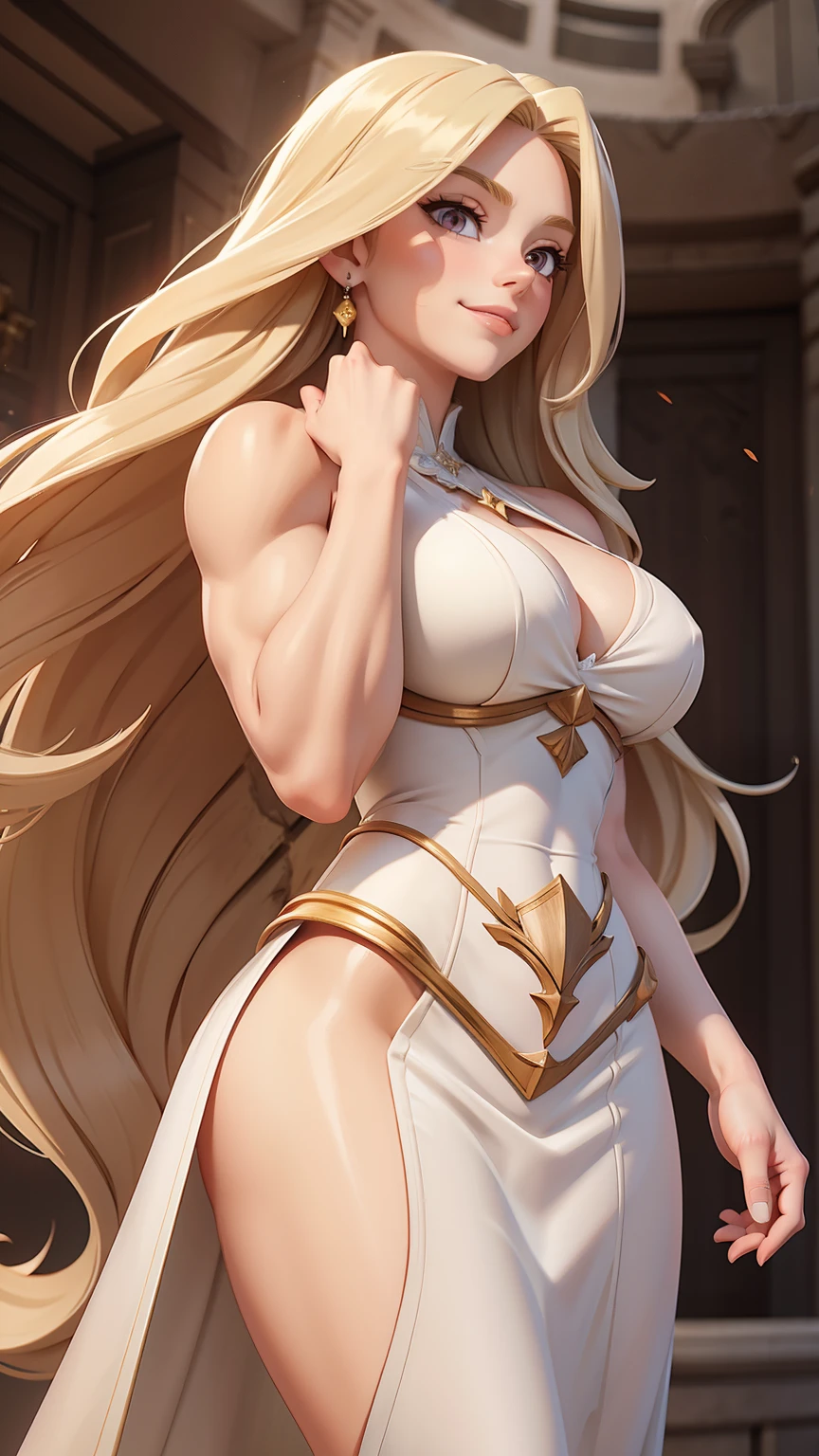 Powerful Strong Angel Princess, Blond hair, extremely long hair, red eyes, pale skin, bodybuilding, steroid, (muscular), luxurious white dress, blurry background, tall, (mean smirk), intimate heaven waterfall, looking at viewer, from below,