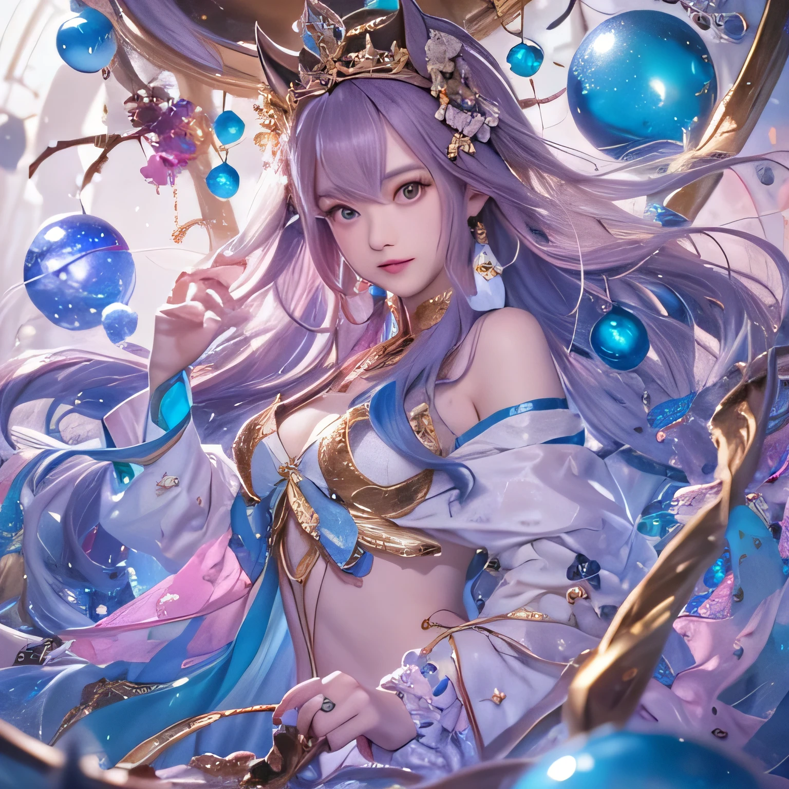 黄 blue colors,enamel,agate,A flesh-colored world,Blood Blue Maiden 32k(masterpiece,HD,Aoyama Pond,Ultra high quality,32k)long flowing bright blue hair,blood pool,Ziddink, a color,Grumpy (After greeting), (Linen scarf), fighting stance, looking at the ground, long white hair, Floating bright blue, Fire cloud gold headdress, Chinese long-sleeved gold silk burgundy garment, (Abstract metaverse splash:1.2), White background,Peony flower vitality protector(realistically:1.4),bright purple hair,Smoke on the road,The background is very pure, high resolution, detail, RAW photos, Sharp Re, Nikon D850 film photo by Jefferies Lee 4 Kodak Portra 400 camera F1.6 guns, colorful, Ultra-realistic and vivid textures, dramatic lighting, Unreal Engine Art Station Trend, Sinest 800,一个有着long flowing bright blue hair的女孩,huge colorful bubbles