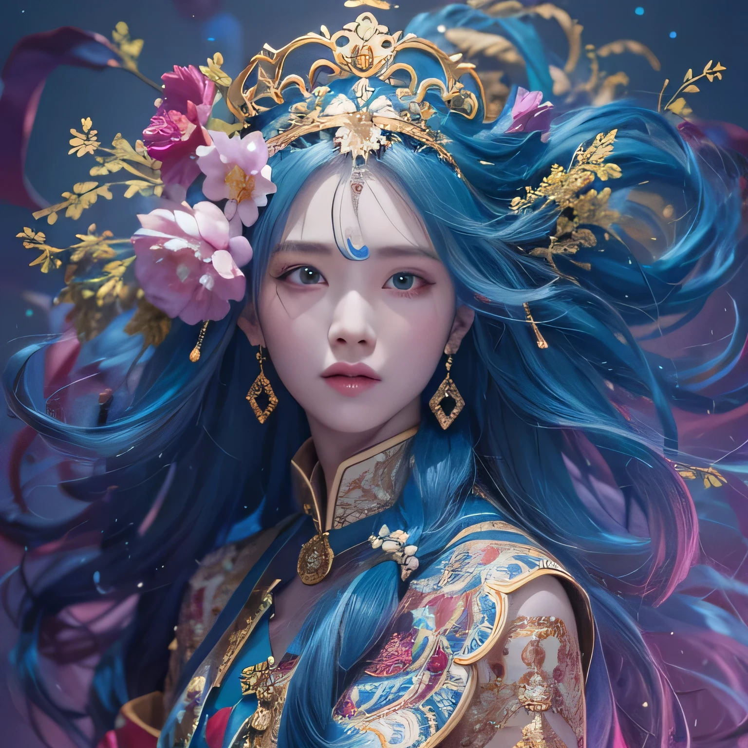 黄 blue colors,enamel,agate,A flesh-colored world,Blood Blue Maiden 32k(masterpiece,HD,Aoyama Pond,Ultra high quality,32k)long flowing bright blue hair,blood pool,Ziddink, a color,Grumpy (After greeting), (Linen scarf), fighting stance, looking at the ground, long white hair, Floating bright blue, Fire cloud gold headdress, Chinese long-sleeved gold silk burgundy garment, (Abstract metaverse splash:1.2), White background,Peony flower vitality protector(realistically:1.4),bright purple hair,Smoke on the road,The background is very pure, high resolution, detail, RAW photos, Sharp Re, Nikon D850 film photo by Jefferies Lee 4 Kodak Portra 400 camera F1.6 guns, colorful, Ultra-realistic and vivid textures, dramatic lighting, Unreal Engine Art Station Trend, Sinest 800,一个有着long flowing bright blue hair的女孩,huge colorful bubbles