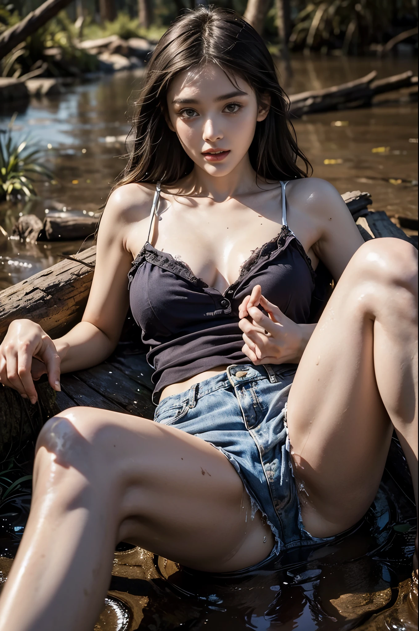 stunning Settler blonde Woman, 19th Century, American West, bestj3an5, wearing cutoff jean shorts, spread legs, nsfw, laying down in the mud, showing off her crotch, pussy lips, crotch focus, Steve McCurry Style (oily skin, glossy skin, glossy oiled skin:1.1)
