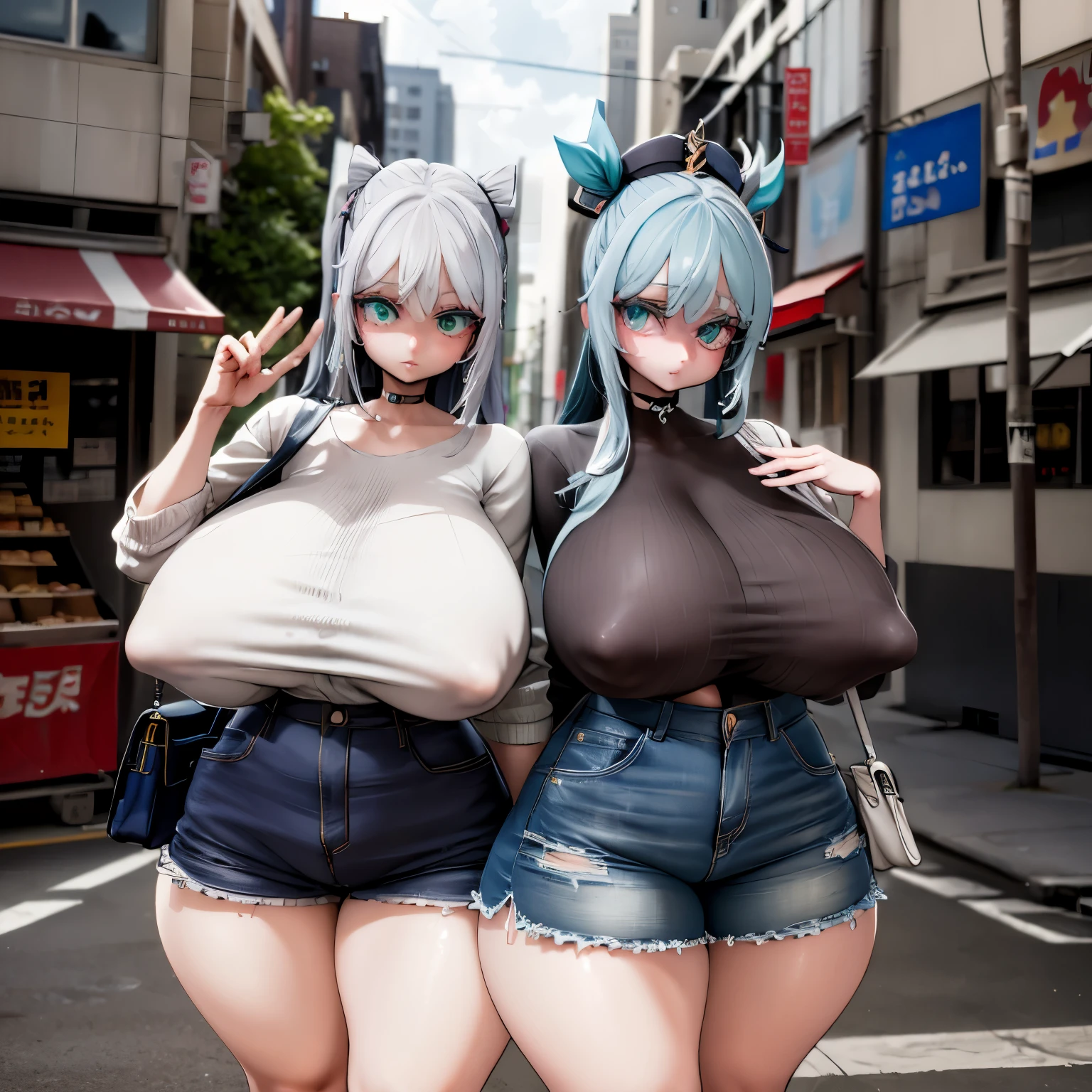 masterpiece , best quality,nahida(genshin impact), 1girl , white shirt:1.5 ,side ponytail ,white hair ,multicolored hair, green eyes,casual outfit , hat , black choker, bag , green hair,busy road , city life