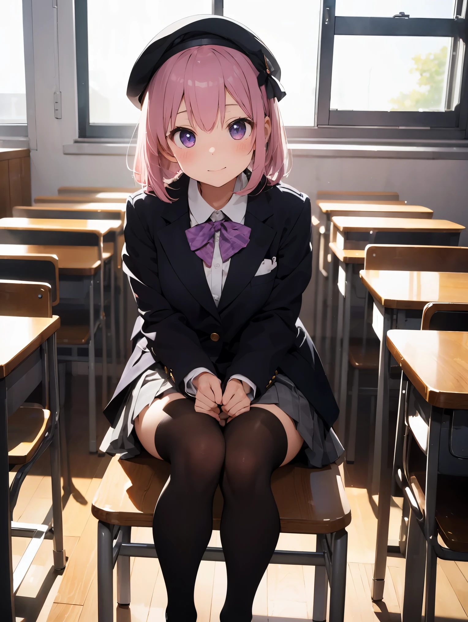 細部に至るまinの傑作、highest quality、realistic、1 girl、solo、18-year-old、Looks about 5 years old、140cm beautiful girl、、5 year old baby face、Silky hair、Gradient bob in the forward、pink and purple mesh、big vertical eyes、Outstanding looks、cute 、proximity、closed_mouth、laughter、blush、恥ずかしさinいっぱい、beret、pink bow tie、Branded uniforms、 青いblazer、blazer、pleated skirt、gray skirt、silk blouse、white blouse、feet、black tights、sit on top、classroom、hair_ornament、looking for_in_viewer、beiniful detailed eyes、realistic目、tights on、Not clear、professional effects、Not clear、enhanced elegance、Really ridiculous cuteness、cute