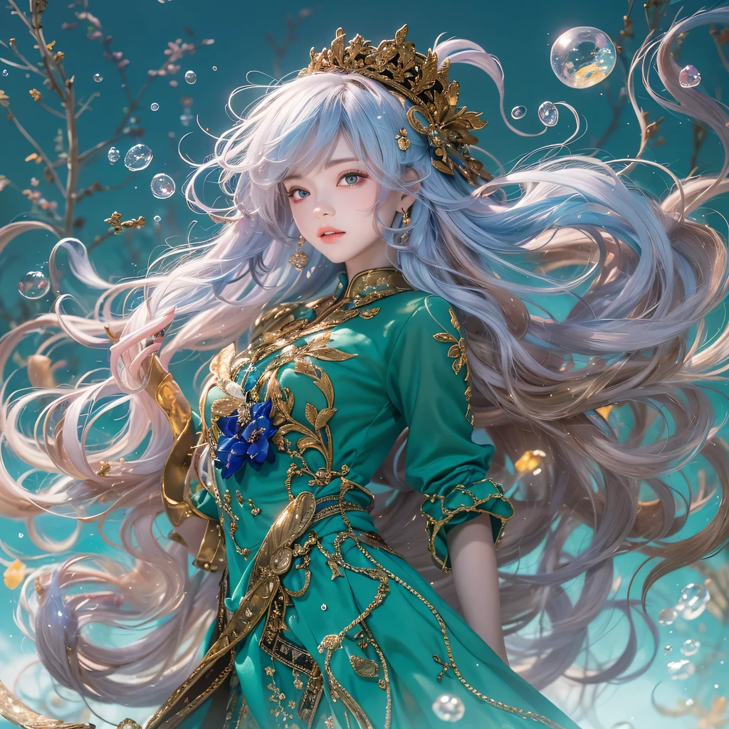 黄 blue colors,enamel,agate,A flesh-colored world,Blood Blue Maiden 32k(masterpiece,HD,Aoyama Pond,Ultra high quality,32k)long flowing bright blue hair,blood pool,Ziddink, a color,Grumpy (After greeting), (Linen scarf), fighting stance, looking at the ground, long white hair, Floating bright blue, Fire cloud gold headdress, Chinese long-sleeved gold silk burgundy garment, (Abstract metaverse splash:1.2), White background,Peony flower vitality protector(realistically:1.4),bright purple hair,Smoke on the road,The background is very pure, high resolution, detail, RAW photos, Sharp Re, Nikon D850 film photo by Jefferies Lee 4 Kodak Portra 400 camera F1.6 guns, colorful, Ultra-realistic and vivid textures, dramatic lighting, Unreal Engine Art Station Trend, Sinest 800,一个有着long flowing bright blue hair的女孩,huge colorful bubbles
