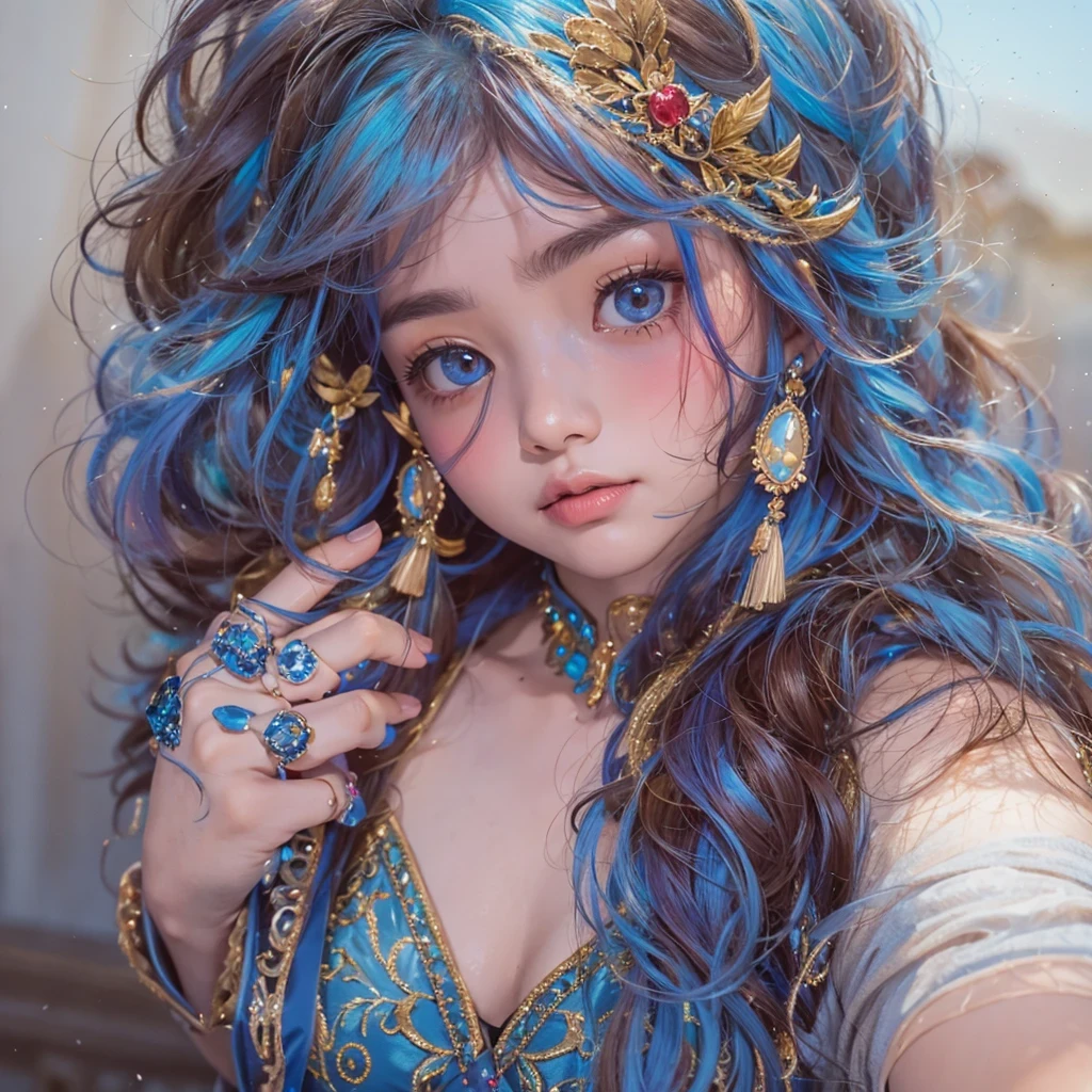 黄 blue colors，enamel，agate，A flesh-colored world，Blood Blue Maiden 32k（masterpiece，HD，Aoyama Pond，Ultra high quality，32k）long flowing bright blue hair，blood pool，Ziddink， a color，Grumpy （After greeting）， （Linen scarf）， fighting stance， looking at the ground， long white hair， Floating bright blue， Fire cloud gold headdress， Chinese long-sleeved gold silk burgundy garment， （Abstract metaverse splash：1.2）， White background，Peony flower vitality protector（realistically：1.4），bright purple hair，Smoke on the road，The background is very pure， high resolution， detail， RAW photos， Sharp Re， Nikon D850 film photo by Jefferies Lee 4 Kodak Portra 400 camera F1.6 guns, colorful, Ultra-realistic and vivid textures, dramatic lighting, Unreal Engine Art Station Trend, Sinest 800，一个有着long flowing bright blue hair的女孩，huge colorful bubbles