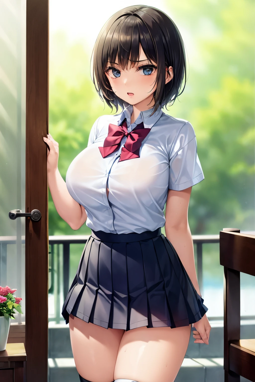 (masterpiece, highest quality, super detailed) (1boy and 1girl:1.5), (sumika), shota, 1boy, 1girl, breasts, hetero, solo focus,, pov (slim:1.7), short hair, black hair, (big breasts:1.5), raised, Wet , Sweat, beautiful face, (Big eyes:1.5), cute, fog, (school uniform:0.6), (white shits:1.4), (Pleated skirt:1.4) (from side:1.5), JP SCHOOL UNIFORM, bra showing through clothes, pink bra, JS_ShortSkirt, (micro mini skirt)