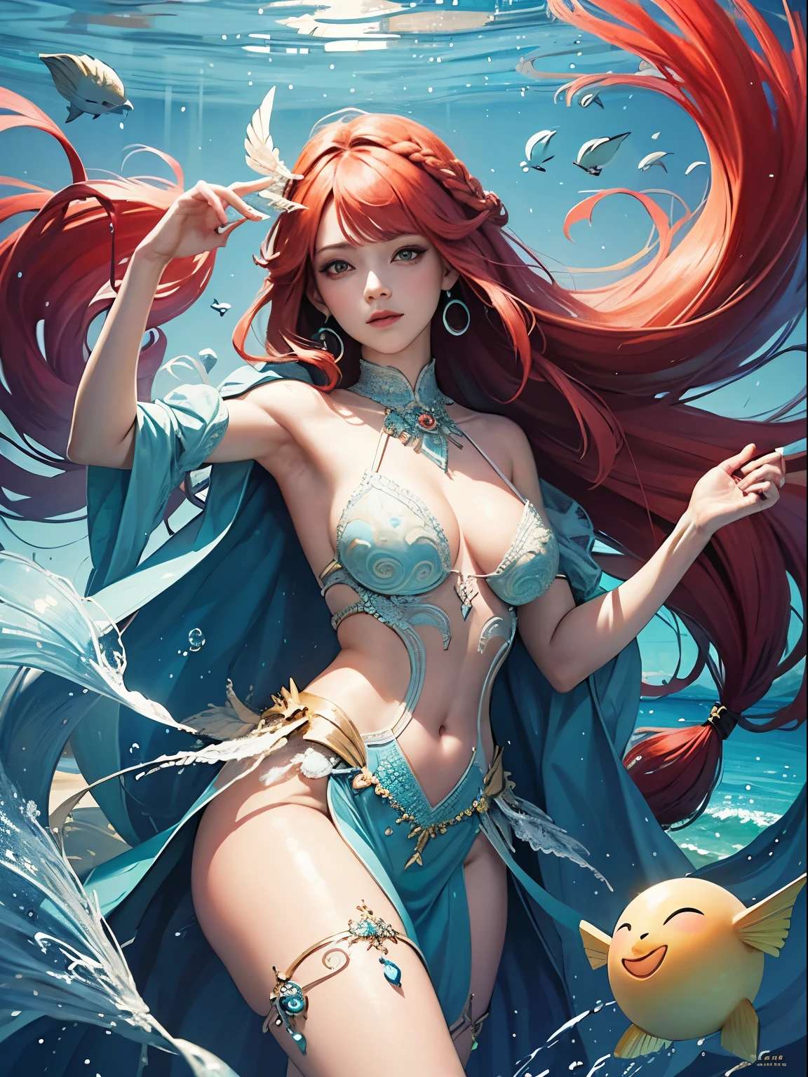 official arts, Unity 8k壁纸, Ultra-detailed, Beautiful and aesthetically pleasing, tmasterpiece, beste-Qualit, (zentangle, a Mandala, clew, meshing), (s fractal art: 1.3), 1mermaid, (red hairstyle: Long hair) ocean, Extremely detailed, dinamic angle, Cowboy shot, Most Beautiful Form of Chaos, elegant, a brutalist designed, bright colours, romanticism, seafoam, bubbles, shells, fish, pearls
