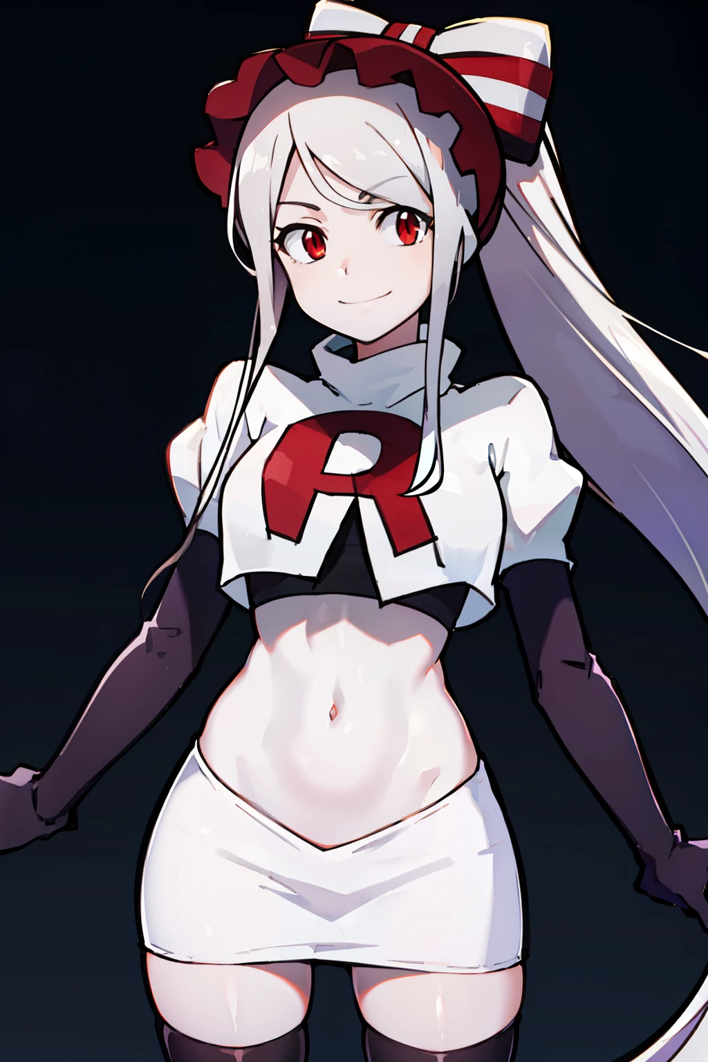 absurdres, highres, ultra detailed, shalltear, gray hair, red eyes, bonnet, hair bow, ponytail, smile, (looking at viewer:1.2), team rocket uniform, red letter R, white skirt,white crop top,black thigh-highs, black elbow gloves