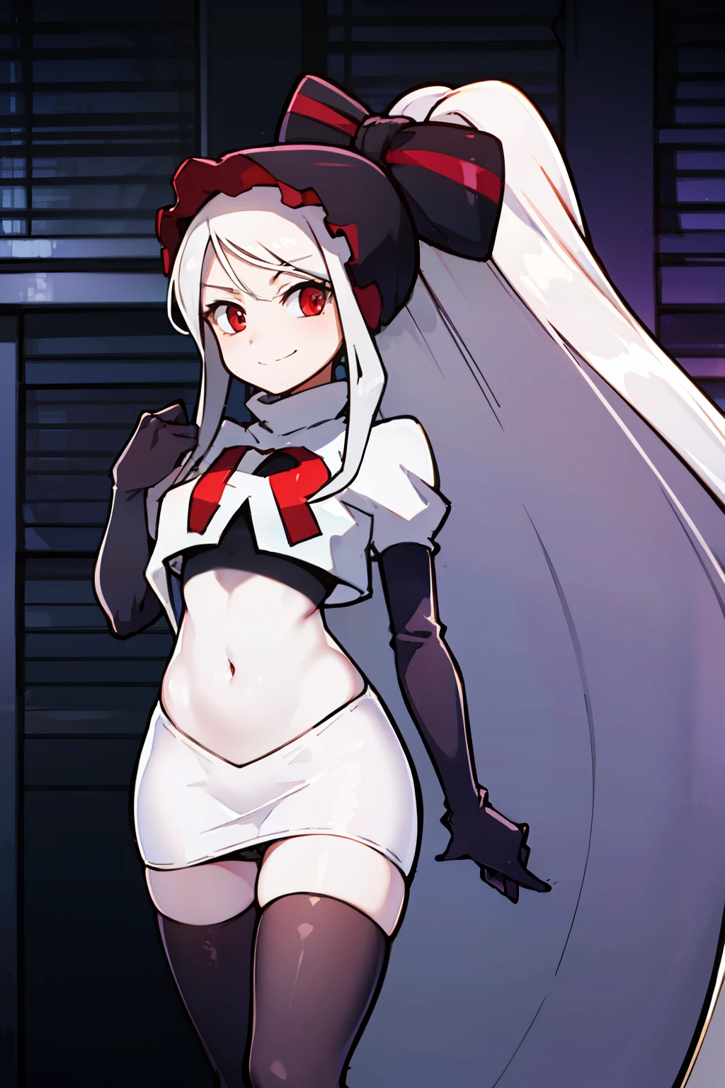 absurdres, highres, ultra detailed, shalltear, gray hair, red eyes, bonnet, hair bow, ponytail, smile, (looking at viewer:1.2), team rocket uniform, red letter R, white skirt,white crop top,black thigh-highs, black elbow gloves