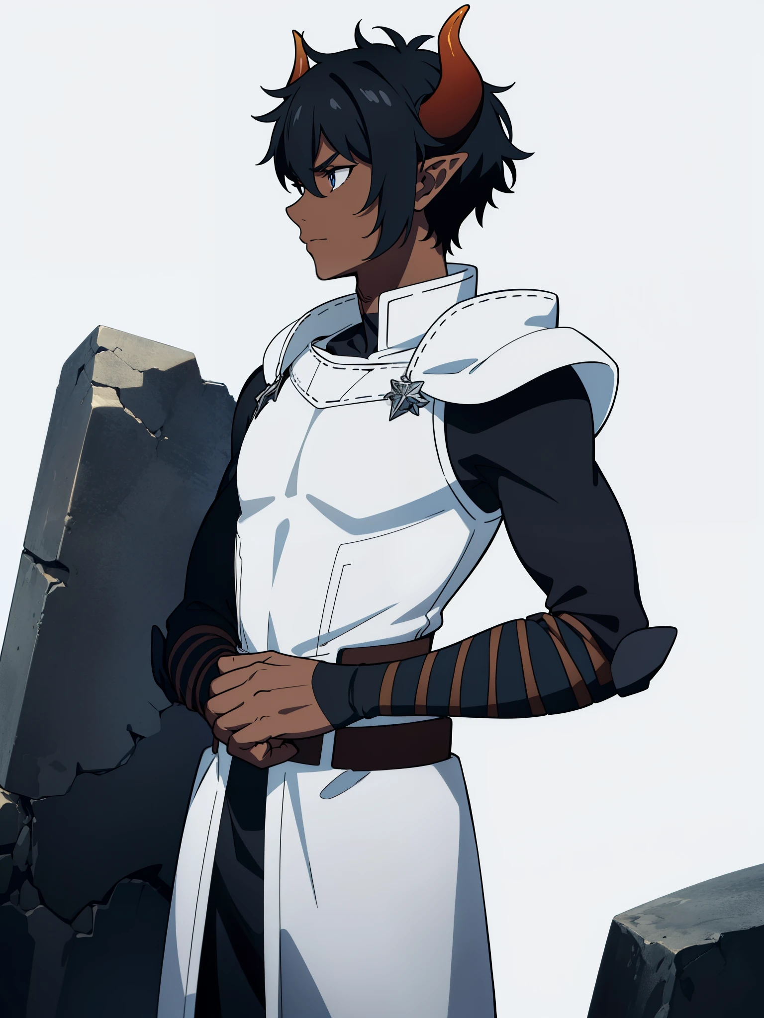 1boy, solo, sitting, close-up, serious, black hair, mohawk, dark skin, red eyes, black clothes, gladiator, bandages, spikes, multiple scars, standing, indoors, dungeon, <lora:Etrian_Odyssey_XL:0.8>, score_9, score_8_up, score_7_up, score_6_up, score_5_up, score_4_up, BREAK source_anime, masterpiece