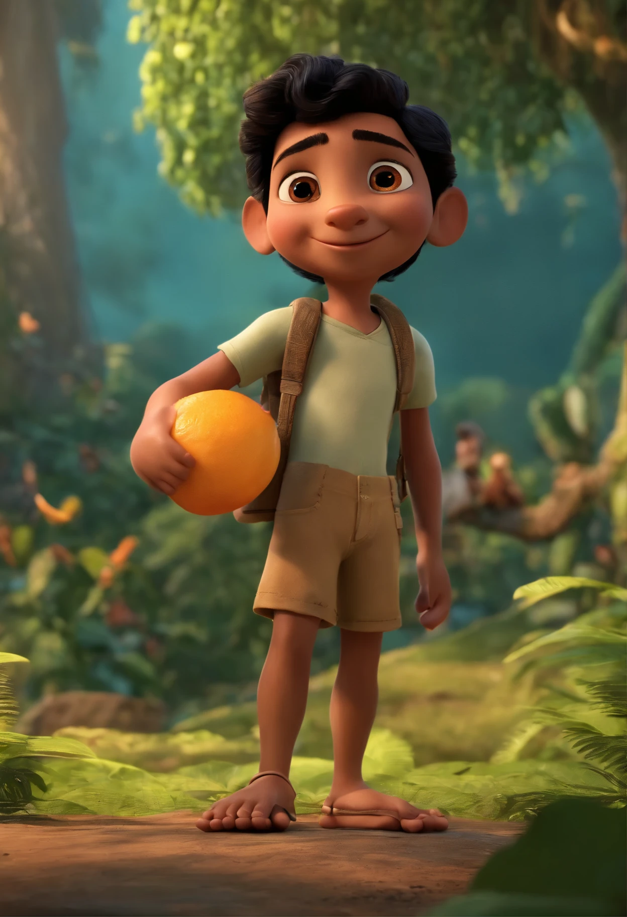 Image of an Amazon boy in Brazil in the Pixar format, He is the small alabester, He is extroverted, Playful and stands up for many things, short straight black hair, first the king, In the background there is a beautiful forest enchanted with numerous guarana fruits, typical fruit of the region, an arára flies in the background, birds fly nearby, this lush sky. no human being, no deformation, true 3D illustration in Disney standard of cinemas. in hands with only 5 fingers each, he contemplates a plastic cup with his favorite drink.