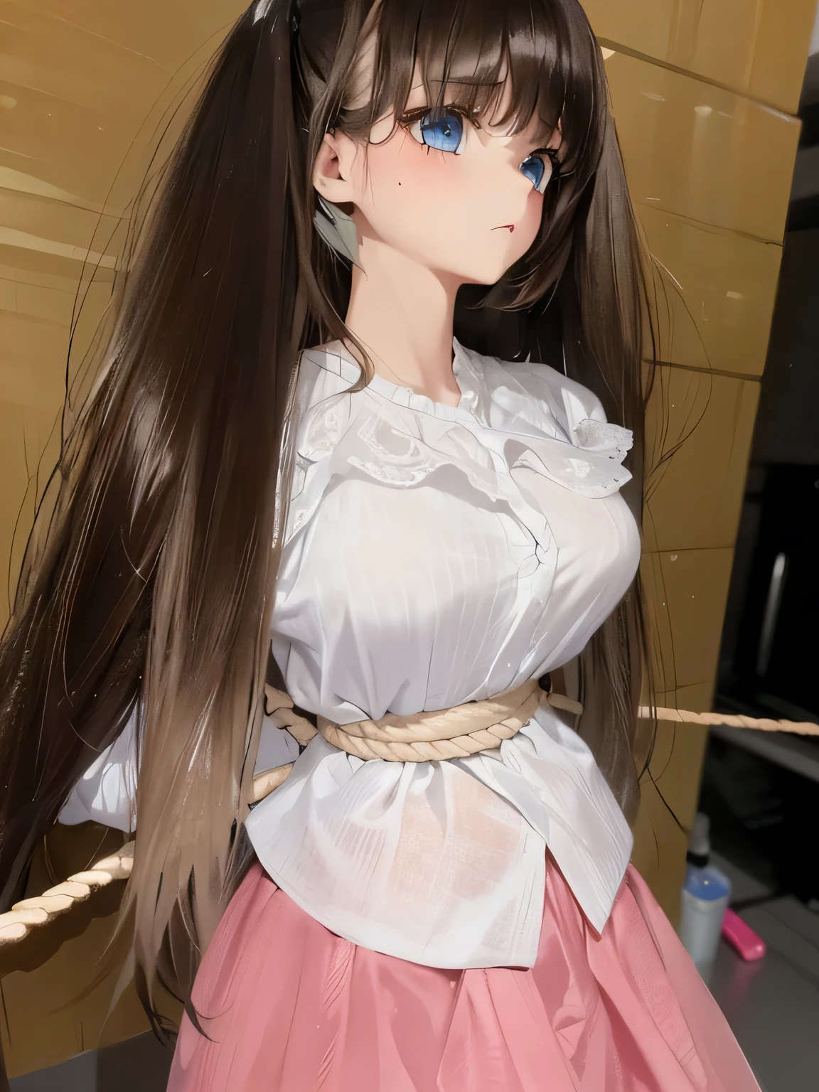 ((masterpiece)), ((highest quality)), (super detailed), torture chamber,(((Waist bound tightly with rope))),pretty girl, 1 girl, alone, ,beautiful hair, (beautiful eyes), long hair, expression of agony