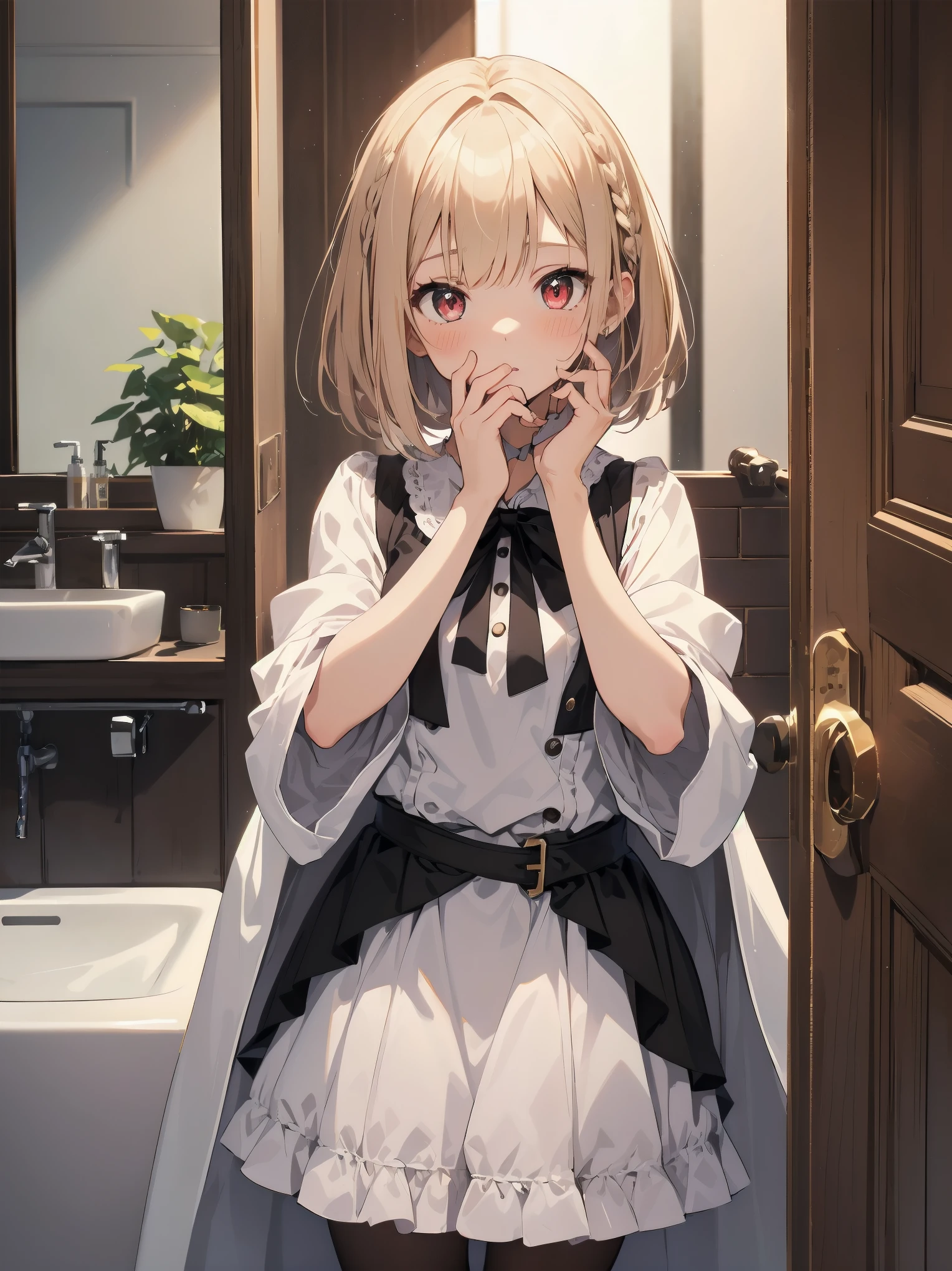 ((put your hand on your face)), ((surprised)), (Looking at the front)), (blush), 1 girl, 、young、Chibi、blonde, red eyes, braided hair, bob cut, Fantasy style neat costume, saint、 frills, robe, long skirt, black tights, white cloak, sink, Bathroom, mirror, concept art, beautiful anime scene, beautiful anime scenery, highest quality, ((masterpiece))
