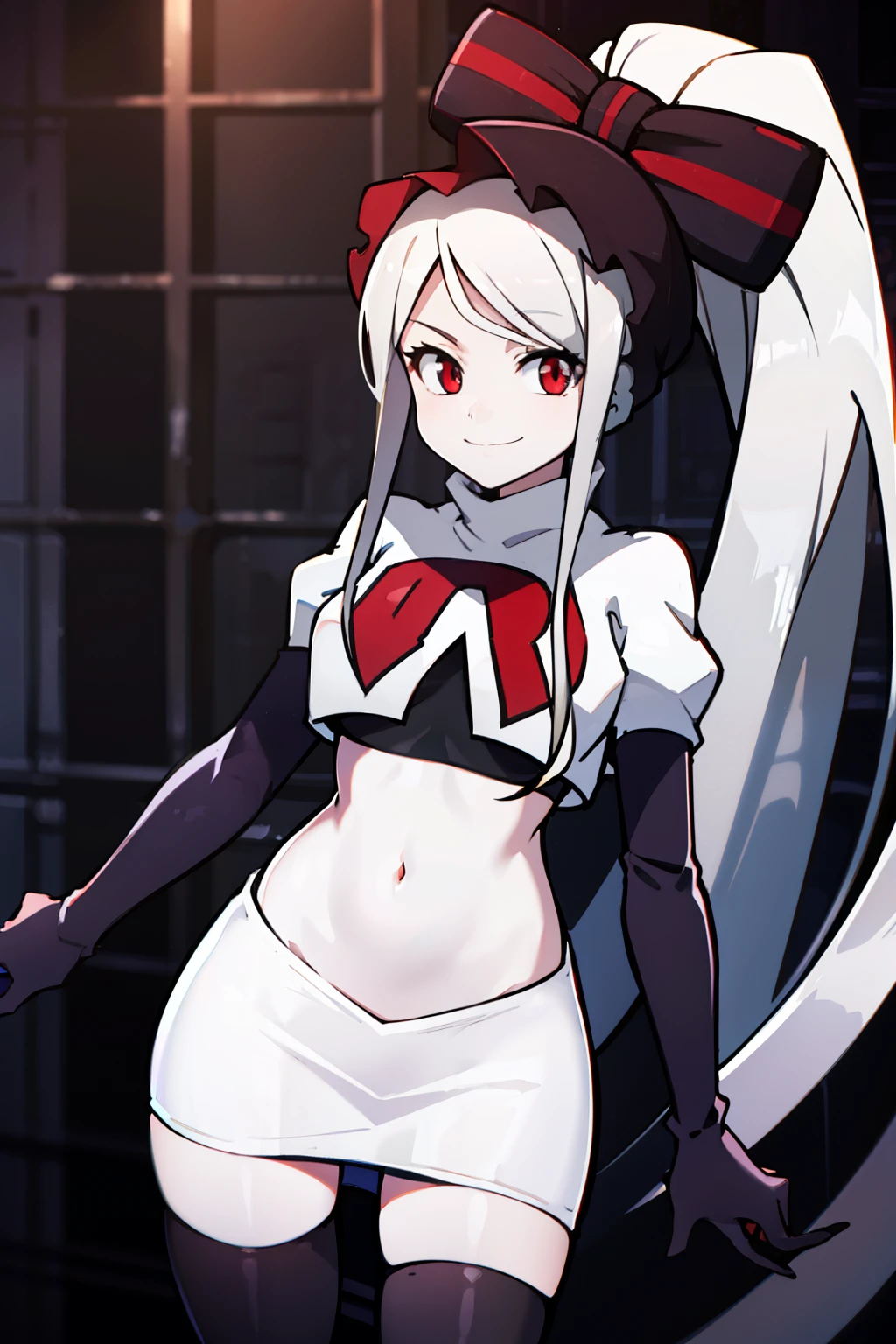 absurdres, highres, ultra detailed, shalltear, gray hair, red eyes, bonnet, hair bow, ponytail, smile, (looking at viewer:1.2), team rocket uniform, red letter R, white skirt,white crop top,black thigh-highs, black elbow gloves