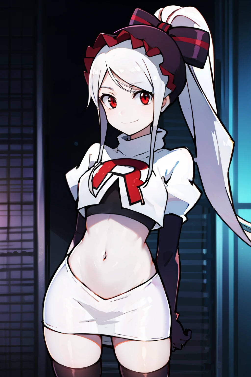 absurdres, highres, ultra detailed, shalltear, gray hair, red eyes, bonnet, hair bow, ponytail, smile, (looking at viewer:1.2), team rocket uniform, red letter R, white skirt,white crop top,black thigh-highs, black elbow gloves