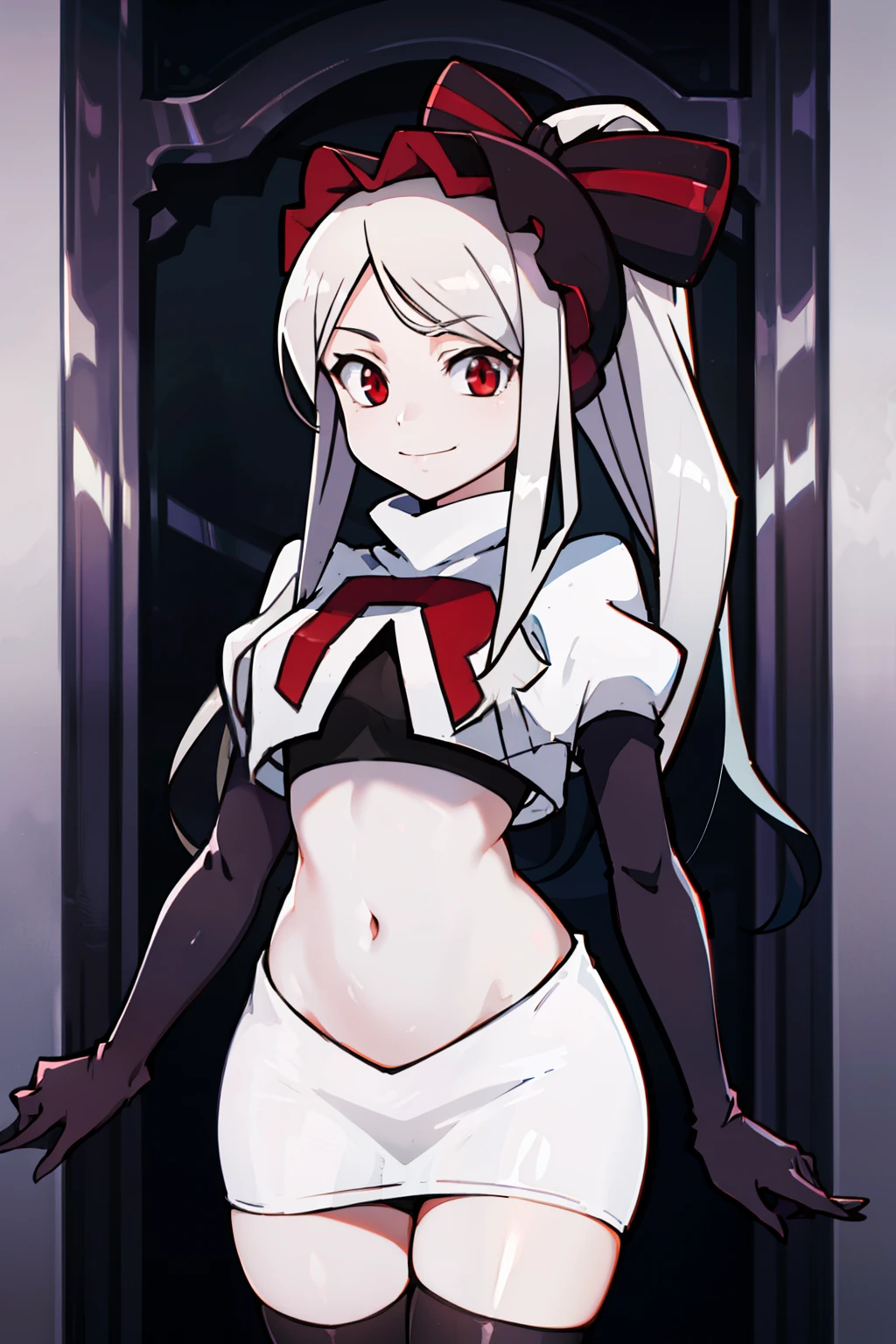 absurdres, highres, ultra detailed, shalltear, gray hair, red eyes, bonnet, hair bow, ponytail, smile, (looking at viewer:1.2), team rocket uniform, red letter R, white skirt,white crop top,black thigh-highs, black elbow gloves