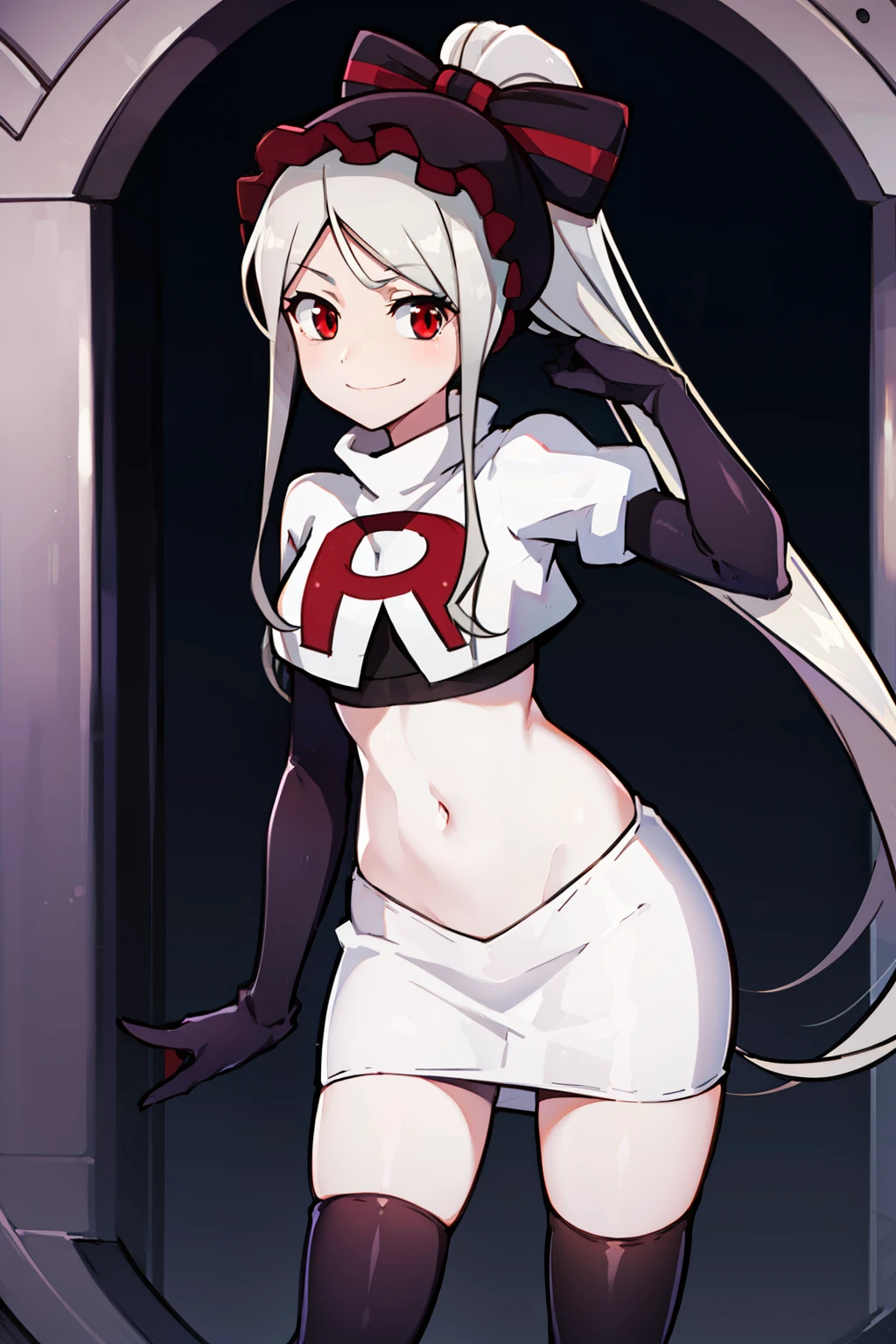 absurdres, highres, ultra detailed, shalltear, gray hair, red eyes, bonnet, hair bow, ponytail, smile, (looking at viewer:1.2), team rocket uniform, red letter R, white skirt,white crop top,black thigh-highs, black elbow gloves