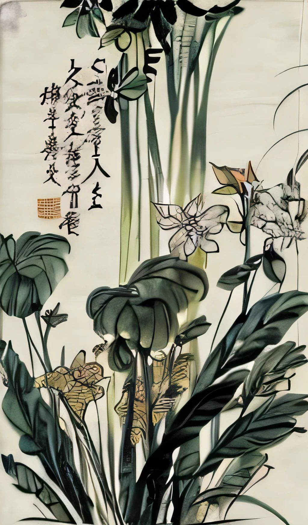 There is a decorative tile,There are green and white patterns on it, plant, Chinese style pattern, maximalist art new, 2020, 2 0 2 0, Inspired by William Home Lisa, verdant, new, 2 0 2 1, 2021, art new jungle environment, vignette, intricate Art Deco leaf designs, Art Deco