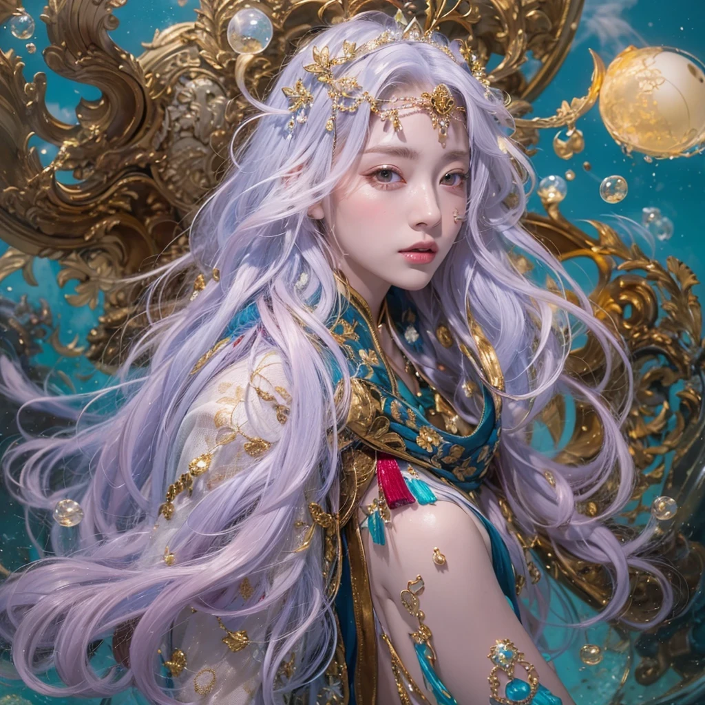 黄 blue colors,enamel,agate,A flesh-colored world,Blood Blue Maiden 32k(masterpiece,HD,Aoyama Pond,Ultra high quality,32k)long flowing bright blue hair,blood pool,Ziddink, a color,Grumpy (After greeting), (Linen scarf), fighting stance, looking at the ground, long white hair, Floating bright blue, Fire cloud gold headdress, Chinese long-sleeved gold silk burgundy garment, (Abstract metaverse splash:1.2), White background,Peony flower vitality protector(realistically:1.4),bright purple hair,Smoke on the road,The background is very pure, high resolution, detail, RAW photos, Sharp Re, Nikon D850 film photo by Jefferies Lee 4 Kodak Portra 400 camera F1.6 guns, colorful, Ultra-realistic and vivid textures, dramatic lighting, Unreal Engine Art Station Trend, Sinest 800,一个有着long flowing bright blue hair的女孩,huge colorful bubbles