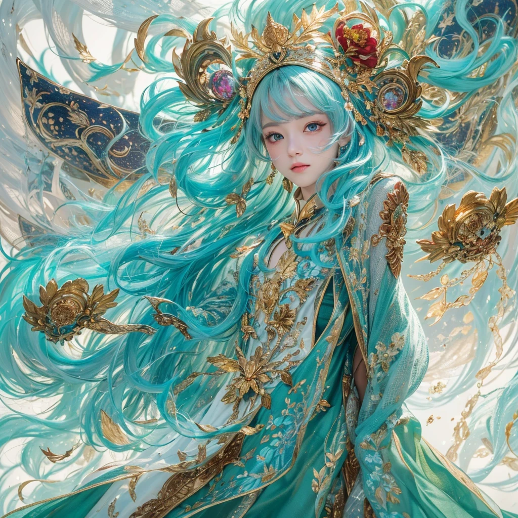 黄 blue colors,enamel,agate,A flesh-colored world,Blood Blue Maiden 32k(masterpiece,HD,Aoyama Pond,Ultra high quality,32k)long flowing bright blue hair,blood pool,Ziddink, a color,Grumpy (After greeting), (Linen scarf), fighting stance, looking at the ground, long white hair, Floating bright blue, Fire cloud gold headdress, Chinese long-sleeved gold silk burgundy garment, (Abstract metaverse splash:1.2), White background,Peony flower vitality protector(realistically:1.4),bright purple hair,Smoke on the road,The background is very pure, high resolution, detail, RAW photos, Sharp Re, Nikon D850 film photo by Jefferies Lee 4 Kodak Portra 400 camera F1.6 guns, colorful, Ultra-realistic and vivid textures, dramatic lighting, Unreal Engine Art Station Trend, Sinest 800,一个有着long flowing bright blue hair的女孩,huge colorful bubbles