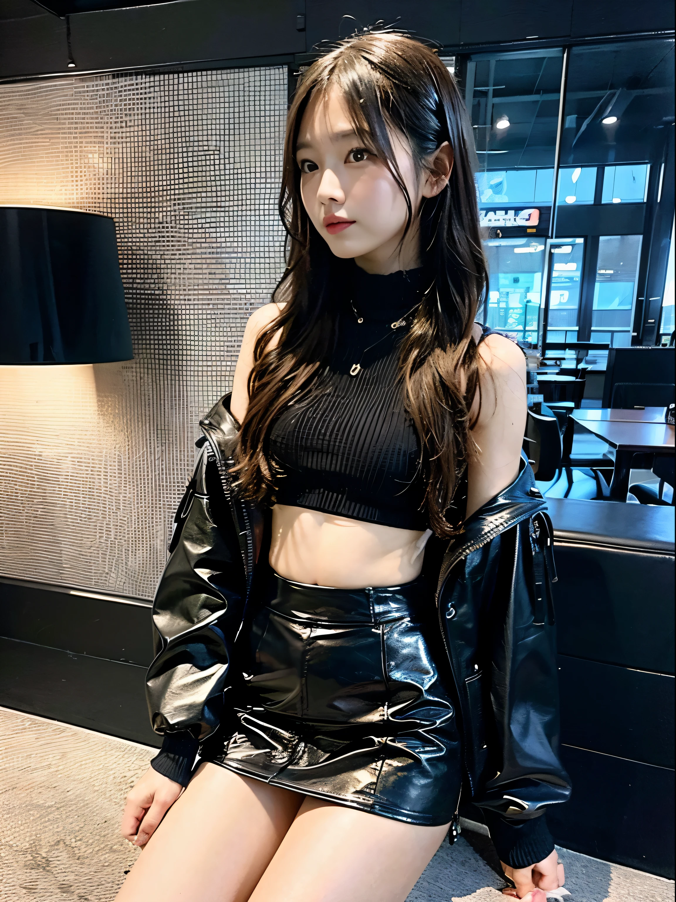 High resolution,table top,highest quality,very detailed, surreal, with a girl, I can see the whole body, wavy hair, black leather mini skirt,avert your eyes, profile, so beautiful,cute, 8k wallpaper, small details, very detailed8K壁紙