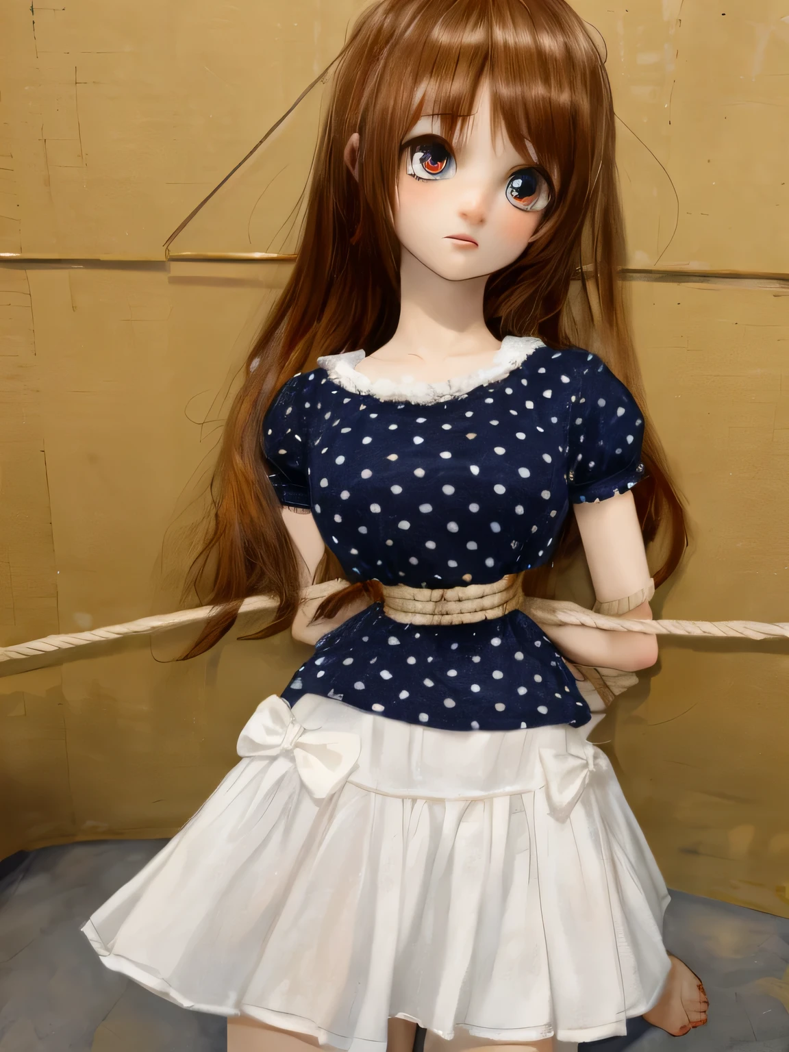 ((masterpiece)), ((highest quality)), (super detailed), torture chamber,(((Waist bound tightly with rope))),pretty girl, 1 girl, alone, ,beautiful hair, (beautiful eyes), long hair, expression of agony