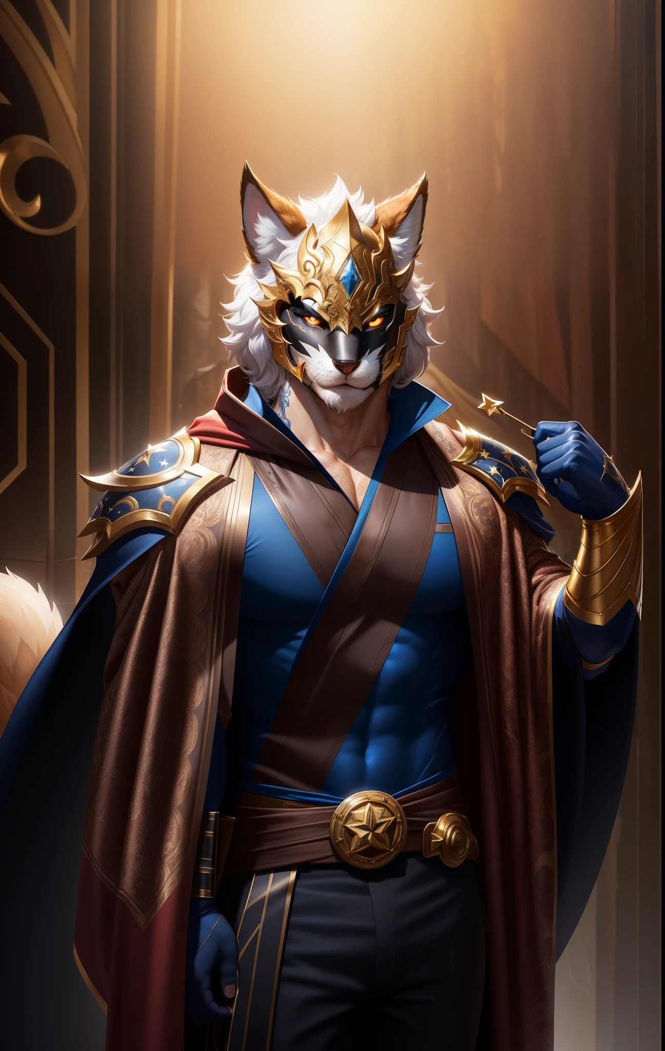 solo, human, muscle, ((detailed cloth, stars, robed body)), (brown fur, majestic print), black body, white mask, gold accent, glowing eyes, kitsune mask, mask, detailed teeth, detailed face, detailed fluffy fur, detailed face, detailed eyes, detailed body, robed armor, detailed face, shroud, dark blue slack pants, sash, gold trimming, armor, red undershirt, red shirt, full body, league of legends splash art, official splash art, riot games concept art, arcana skin, splash art, (masterpiece, high quality, hi-res,8k), standing, close-view portrait, looking at viewer, indoor, happy expression, day, smirk, dynamic pose,