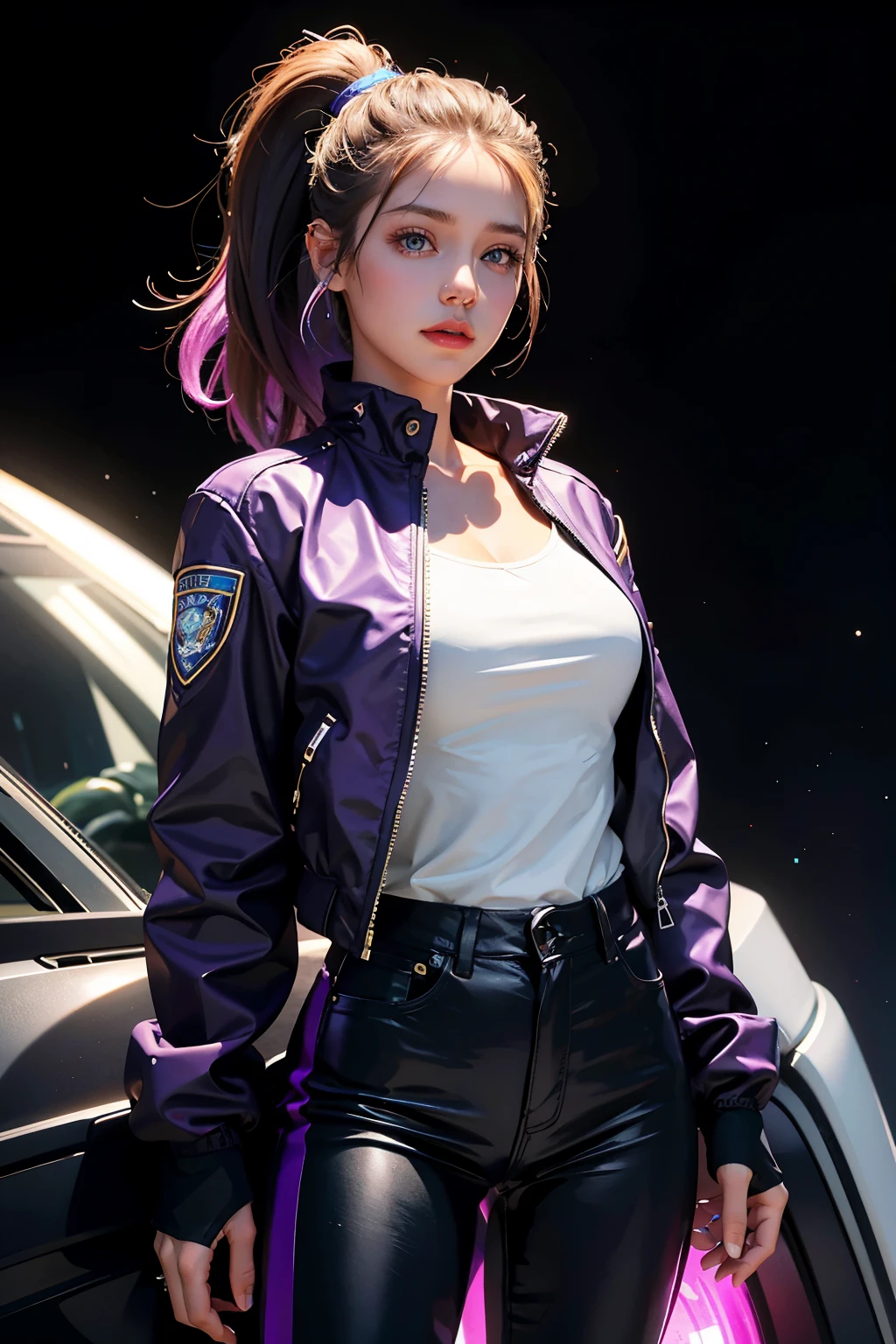 A breathtaking image of a girl in space, clad in a pristine white shirt and black pants, with a vibrant purple jacket adding a splash of color to the monochromatic backdrop. The high-definition photograph, captured in 4K resolution, showcases the girl's intricately detailed facial features and expressive blue eyes that sparkle against the endless expanse of stars. The white shirt's uniform texture and the black pants' glossy finish create a striking contrast that further accentuates the girl's sleek silhouette. Her jacket, adorned with purplish hues, invokes a sense of adventure and excitement as she gazes out into the vast