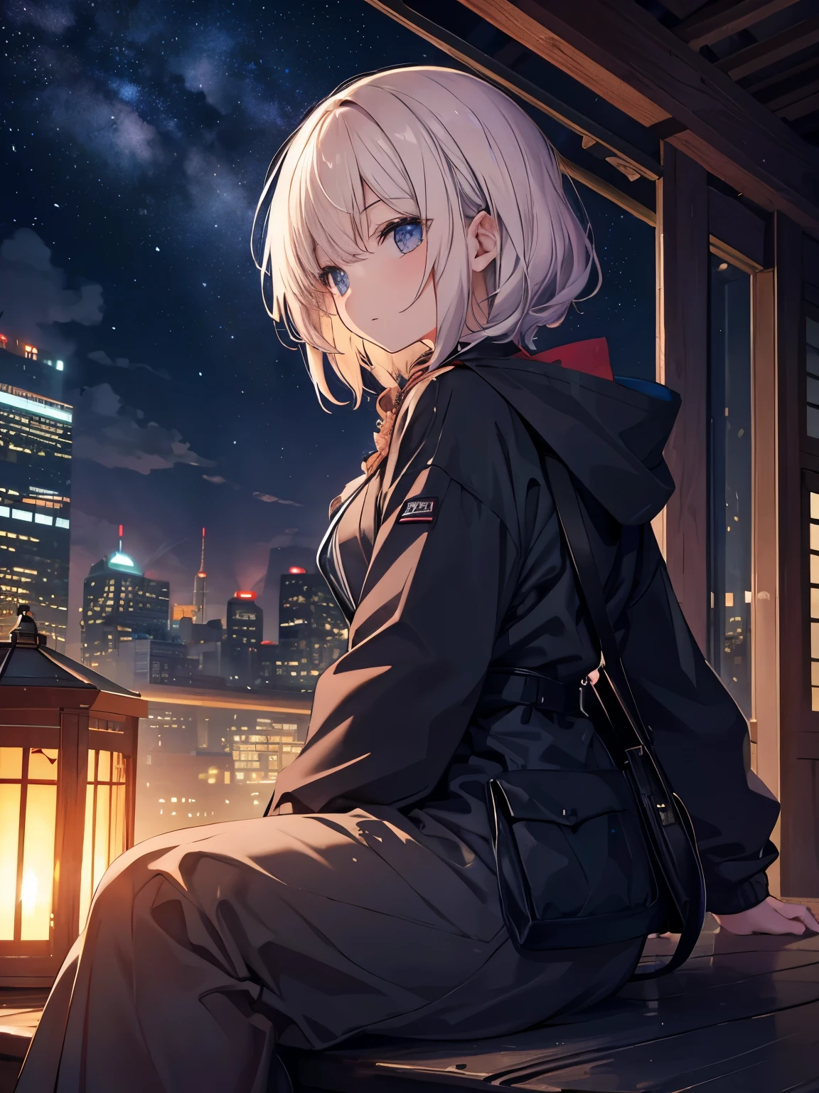highest quality, masterpiece, very detailed, detailed background, anime, 1 girl, young girl, short girl, SF, SF, outdoors, night, starry sky, greenhouse, huge structure, biodome, Wind景, scenery, horizon, rooftop, sitting on rooftop, Wind, avert your eyes, atmosphere lighting, focus only, close, From the side, Depth of written boundary, Bokeh
