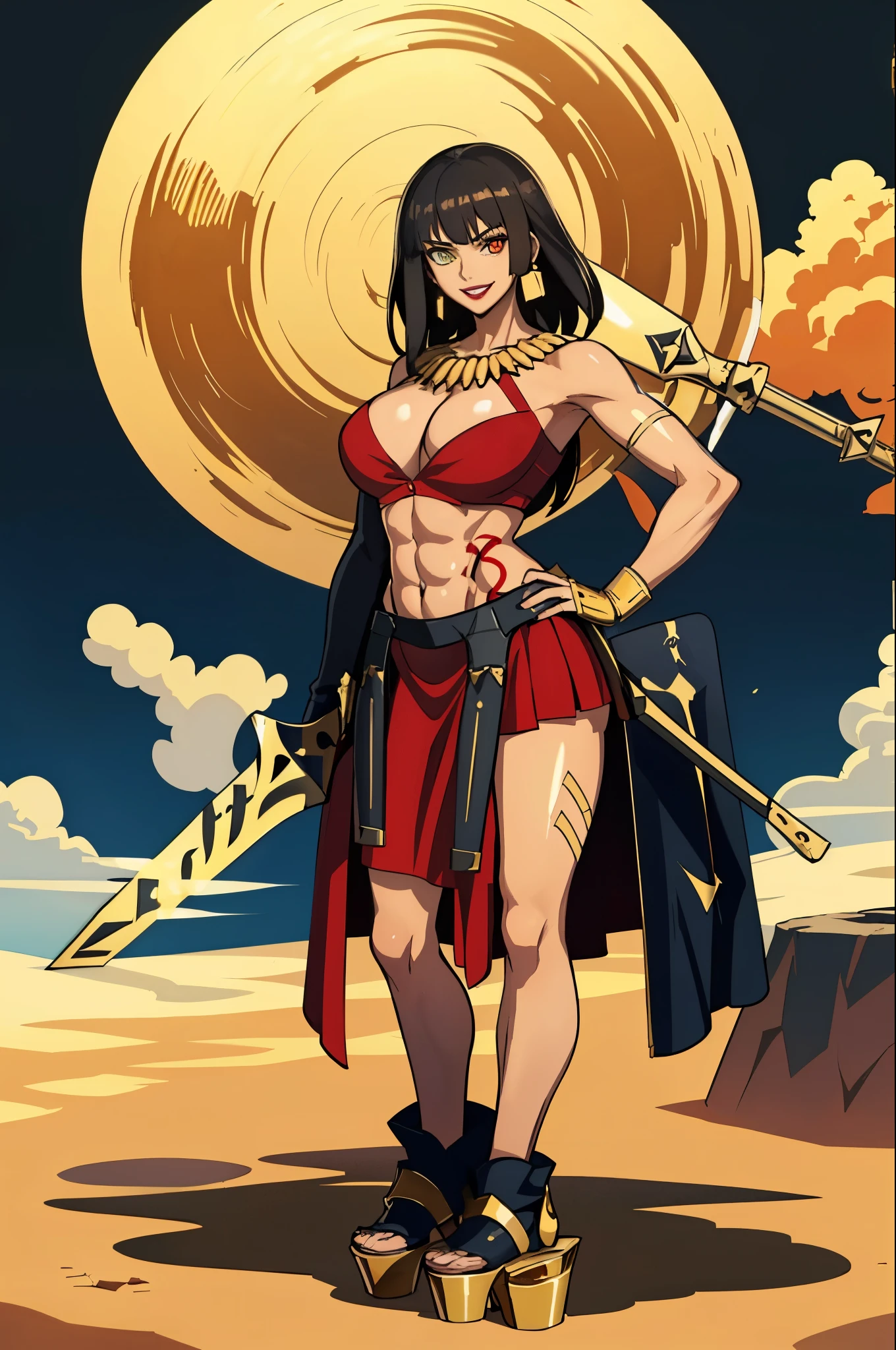 realistic, (masterpiece, top quality, best quality, official art, beautiful and aesthetic:1.2), extremely detailed,(1girl:1.3),cowboy shot,(looking at viewer),(holding single weapon:1.3),holding EA, Holding Sword of Rapture, pointing weapon at sky, from middle,black background,(night:1.2), filmg, insane happy expression, Portrait of osira, yellow eyes, dark skinned female, eyelashes, makeup, lipstick, huge round heavy tits, black hair, bangs, looking smug, desert setting , (heterochromia yellow and red eyes:1.2), 1girl, jewelry, standing, earrings, necklace, armor, tattoo, topless, Gold armor, shirtless, gold clingon bra, single gold gauntlet,shoulder armor,elbow gloves, one shoulder armor, gold cardigan over a red dress shirt, with both left open to the third button to expose the top of her gold-and-red bra, a red pleated miniskirt that is cut extremely short, and mid-sized gold and black boots with platform heels and red laces, standing, full body portrait