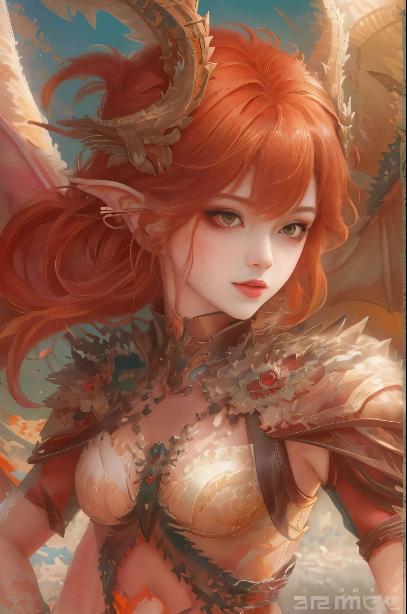 Anime girl with red hair and wings in desert environment, dragon girl, Dragon Queen, queen of dragons, dragon girl Portrait, by ヤン・J, beautiful succubus, detailed digital anime art, detailed anime art, anime fantasy illustration, epic fantasy art style, detailed anime artワーク, fusion of humans and dragons, anime fantasy artwork, background dragon, epic anime artwork